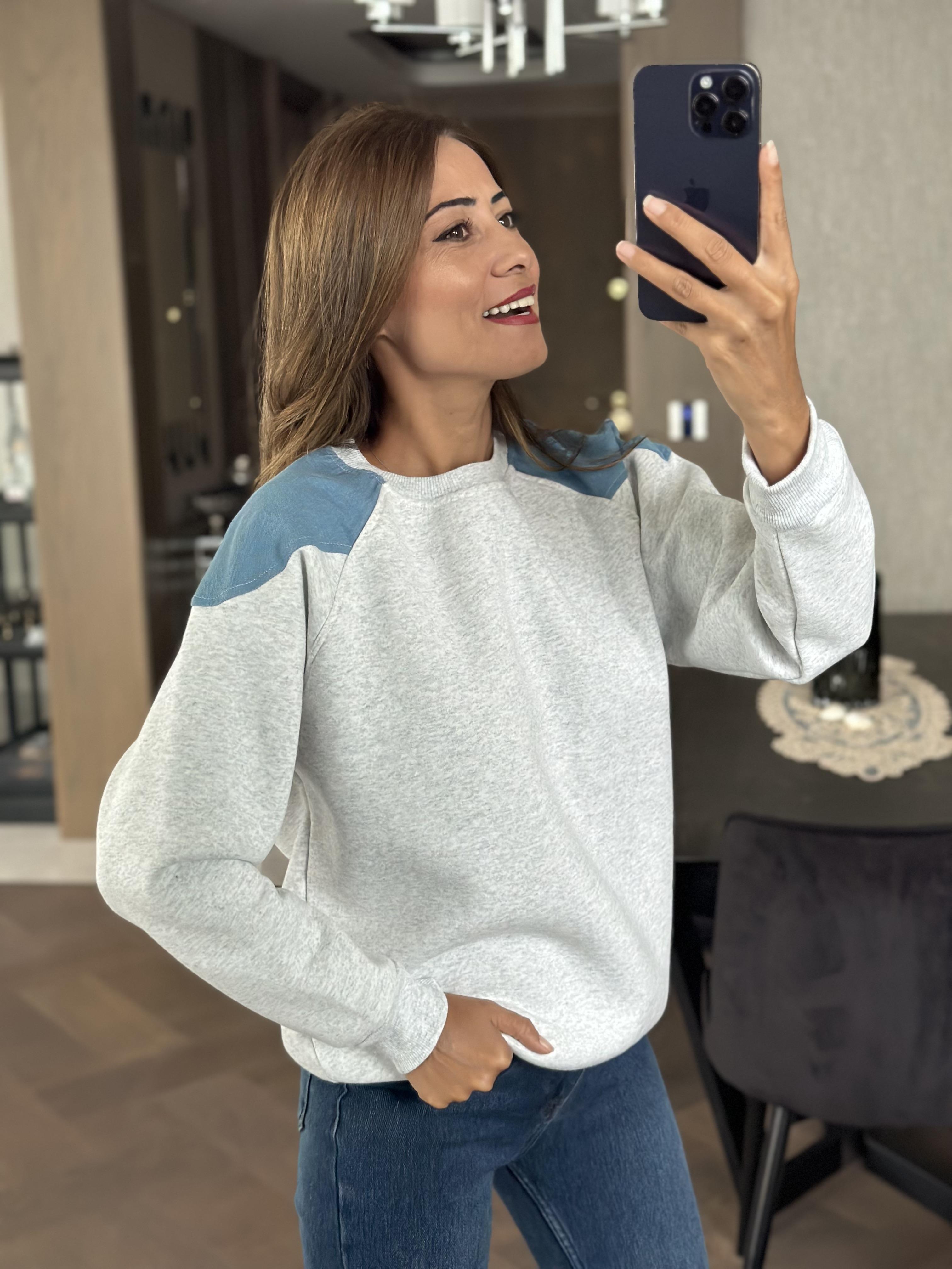 Gri Bisiklet Yaka Omuzları Jean Detay İki İplik Kadın Sweatshirt