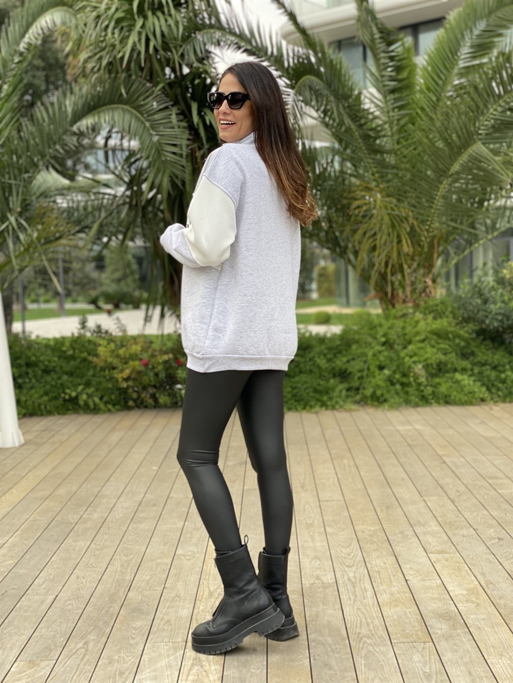 Gri Fermuarlı Denmark Baskılı İki İplik Kadın Sweatshirt
