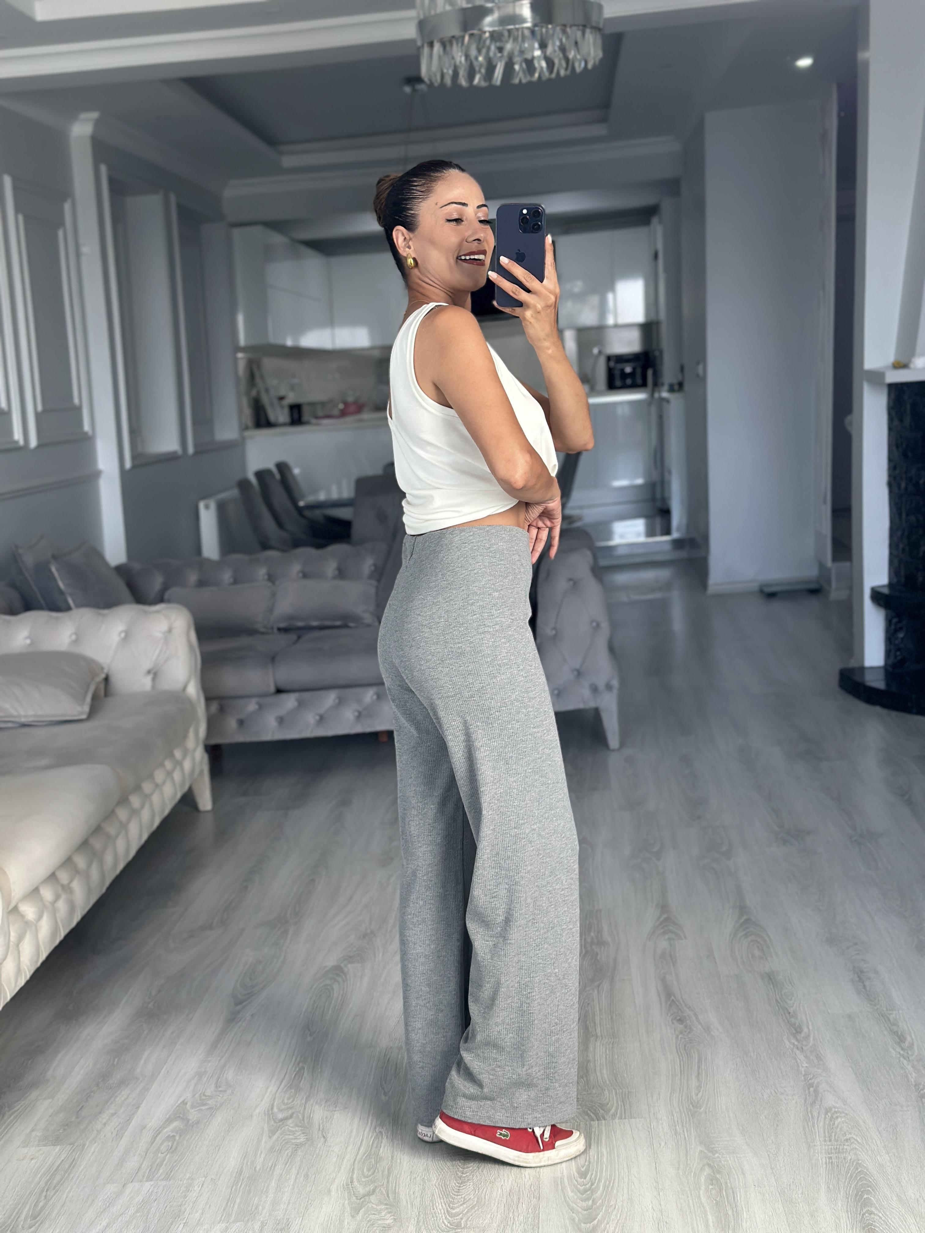 Gri Fitilli Beli Lastikli Basic Kadın Pantolon