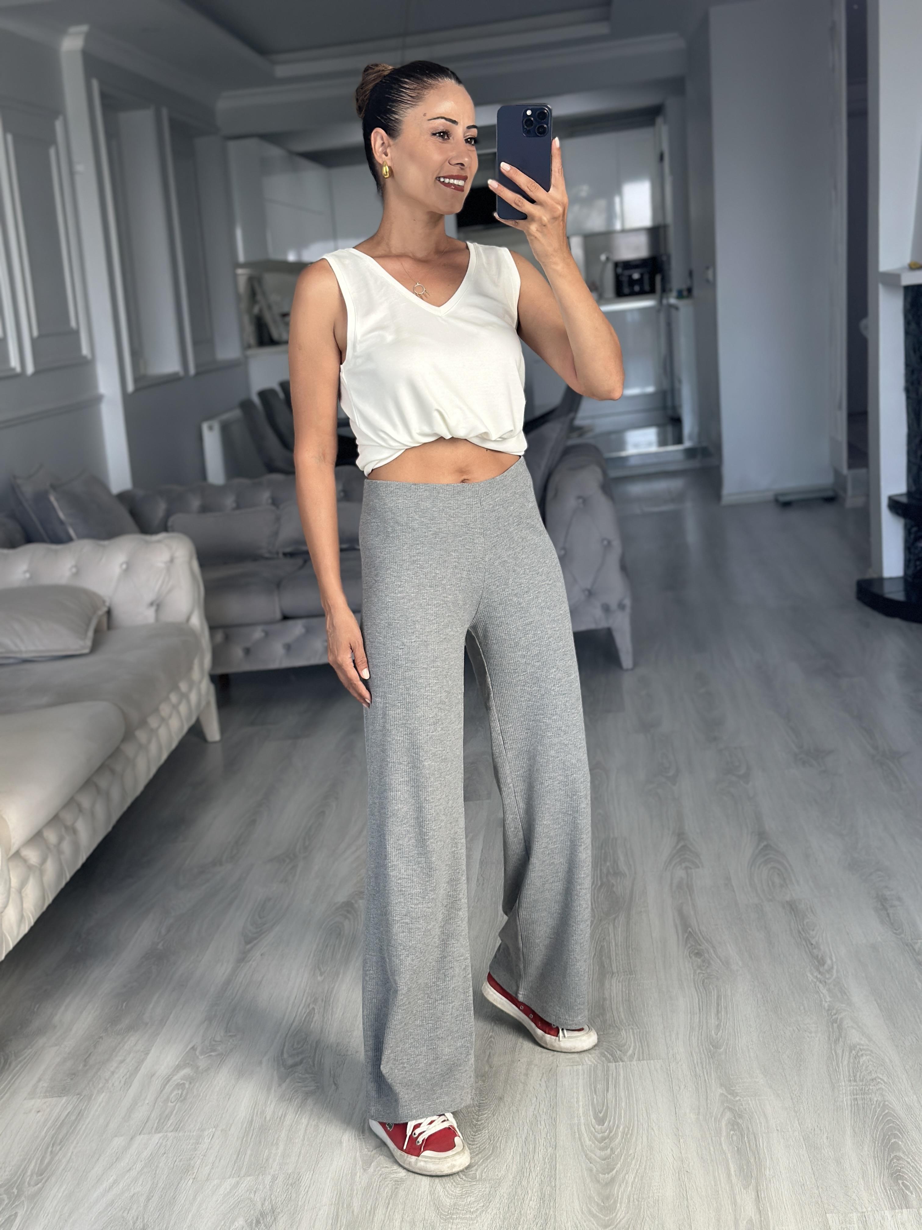 Gri Fitilli Beli Lastikli Basic Kadın Pantolon