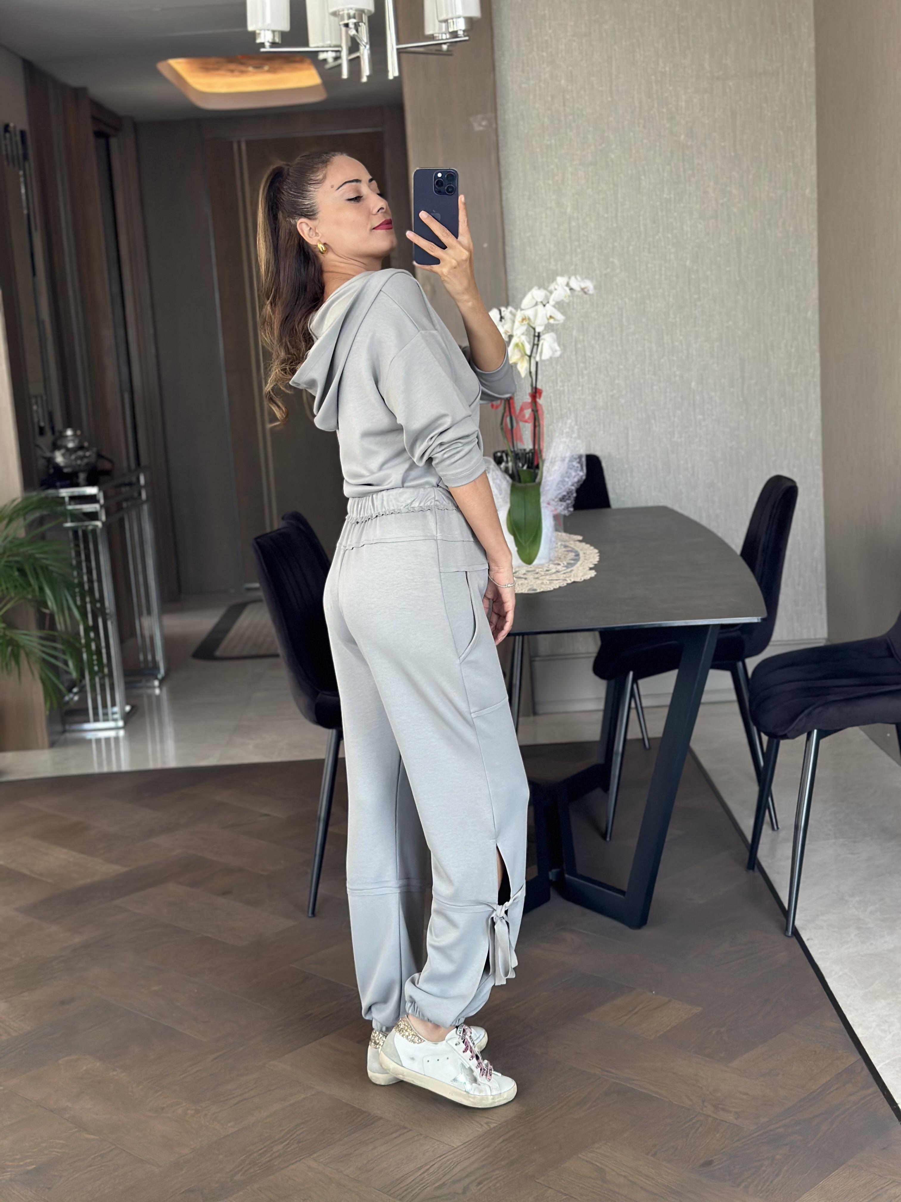 Gri Modal Sweat Paçası Yırtmaç Detay Pantolon Kadın İkili Takım