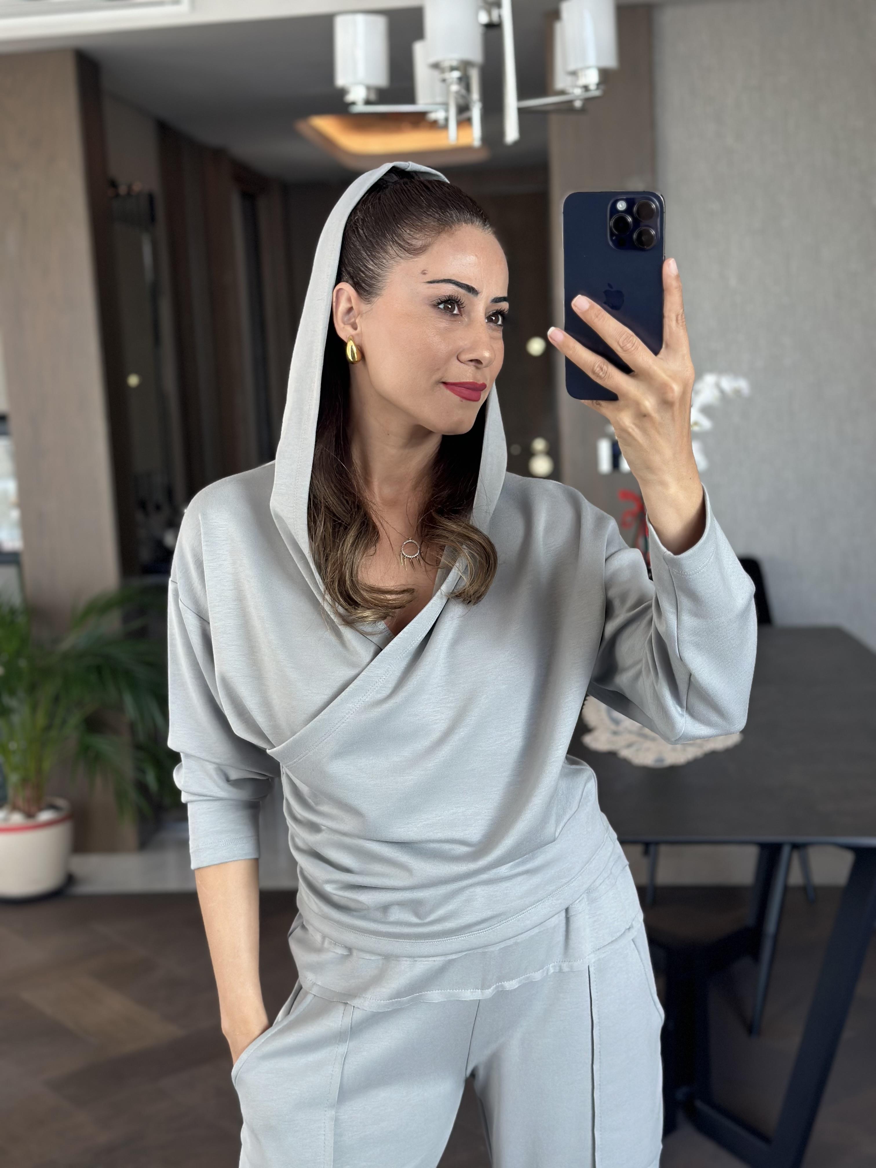 Gri Modal Sweat Paçası Yırtmaç Detay Pantolon Kadın İkili Takım