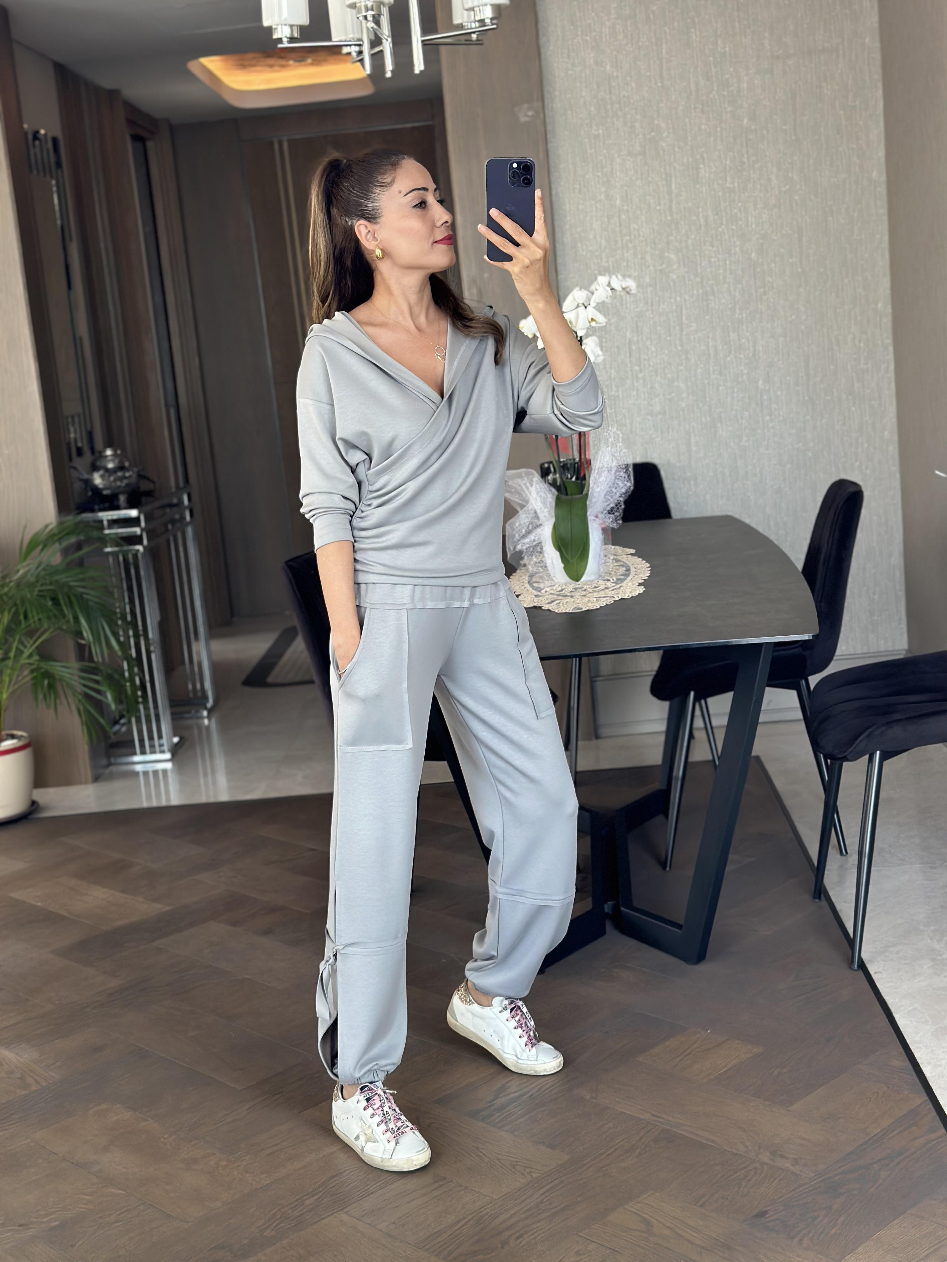 Gri Modal Sweat Paçası Yırtmaç Detay Pantolon Kadın İkili Takım