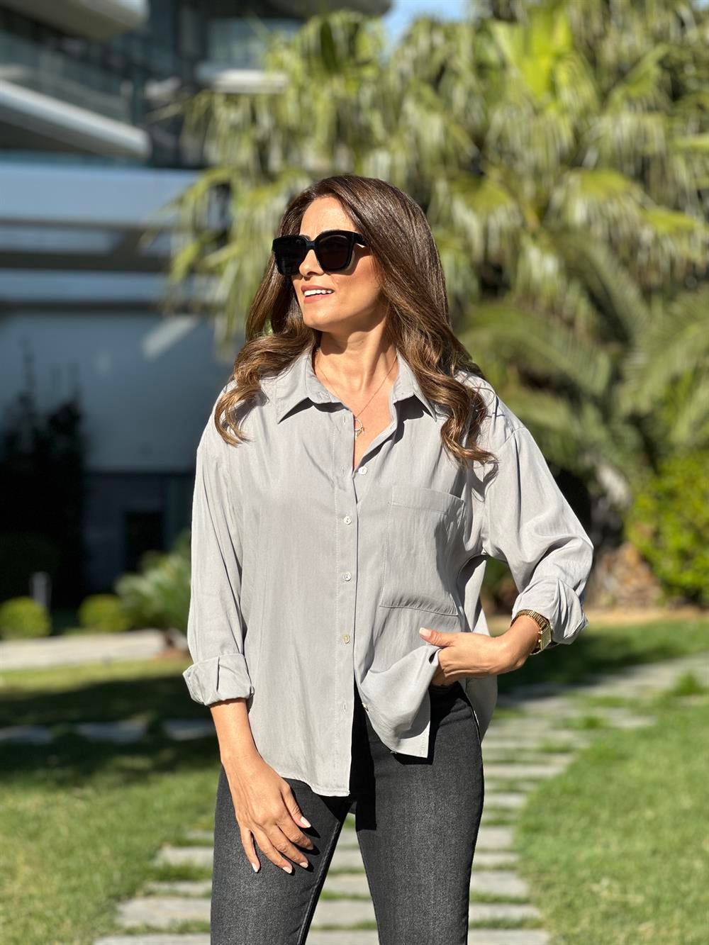 Gri Tensel Kadın Gömlek