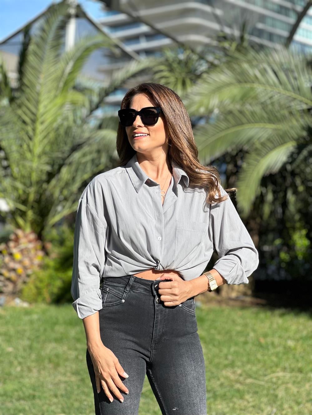 Gri Tensel Kadın Gömlek