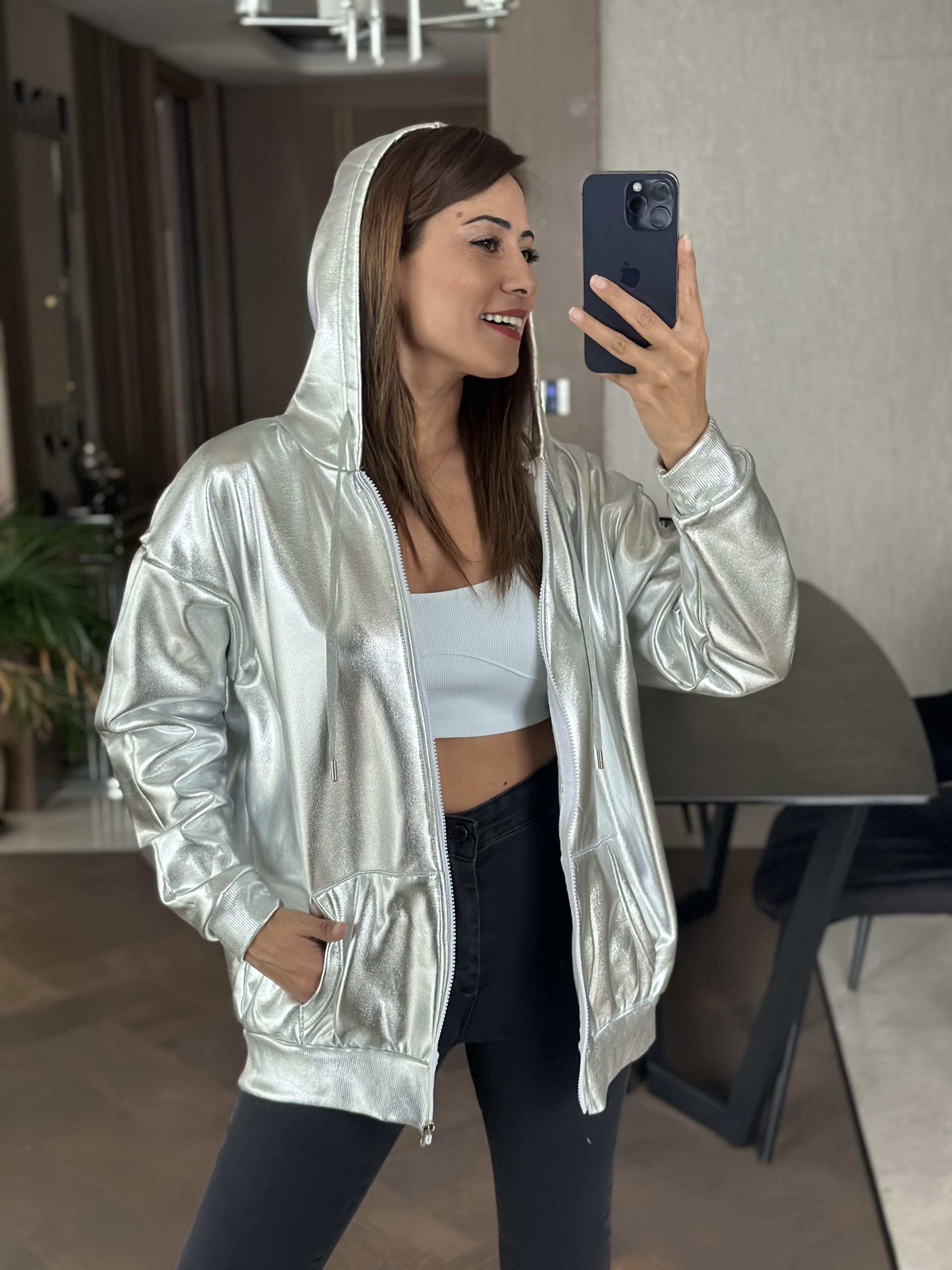 Gümüş Varak Kapüşonlu Fermuarlı Kadın Sweatshirt