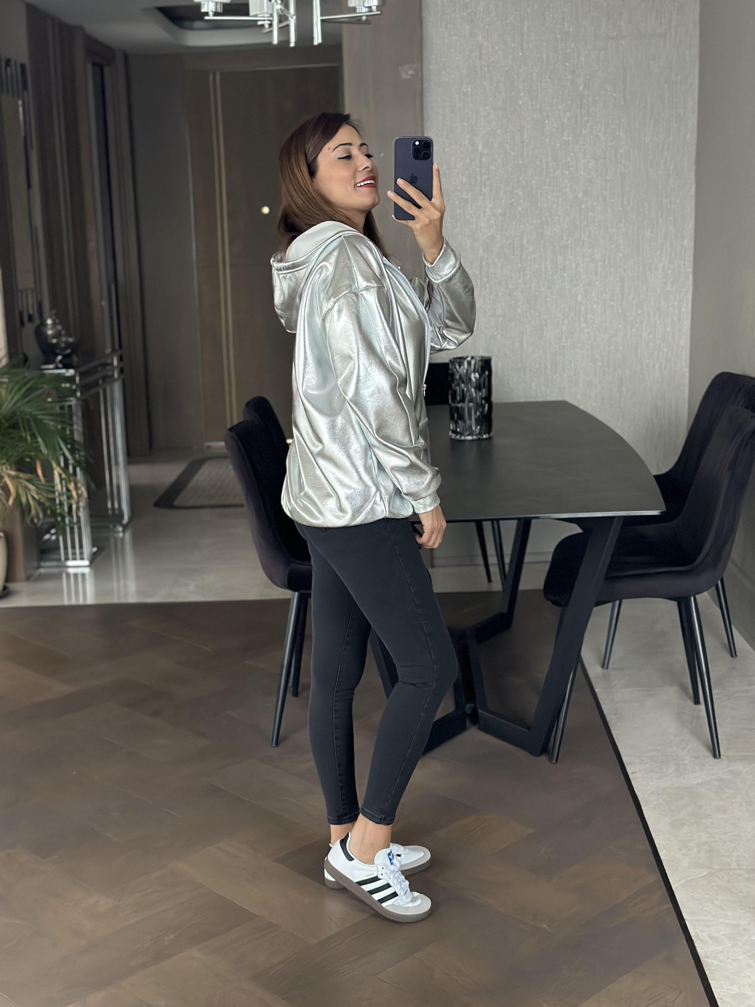 Gümüş Varak Kapüşonlu Fermuarlı Kadın Sweatshirt