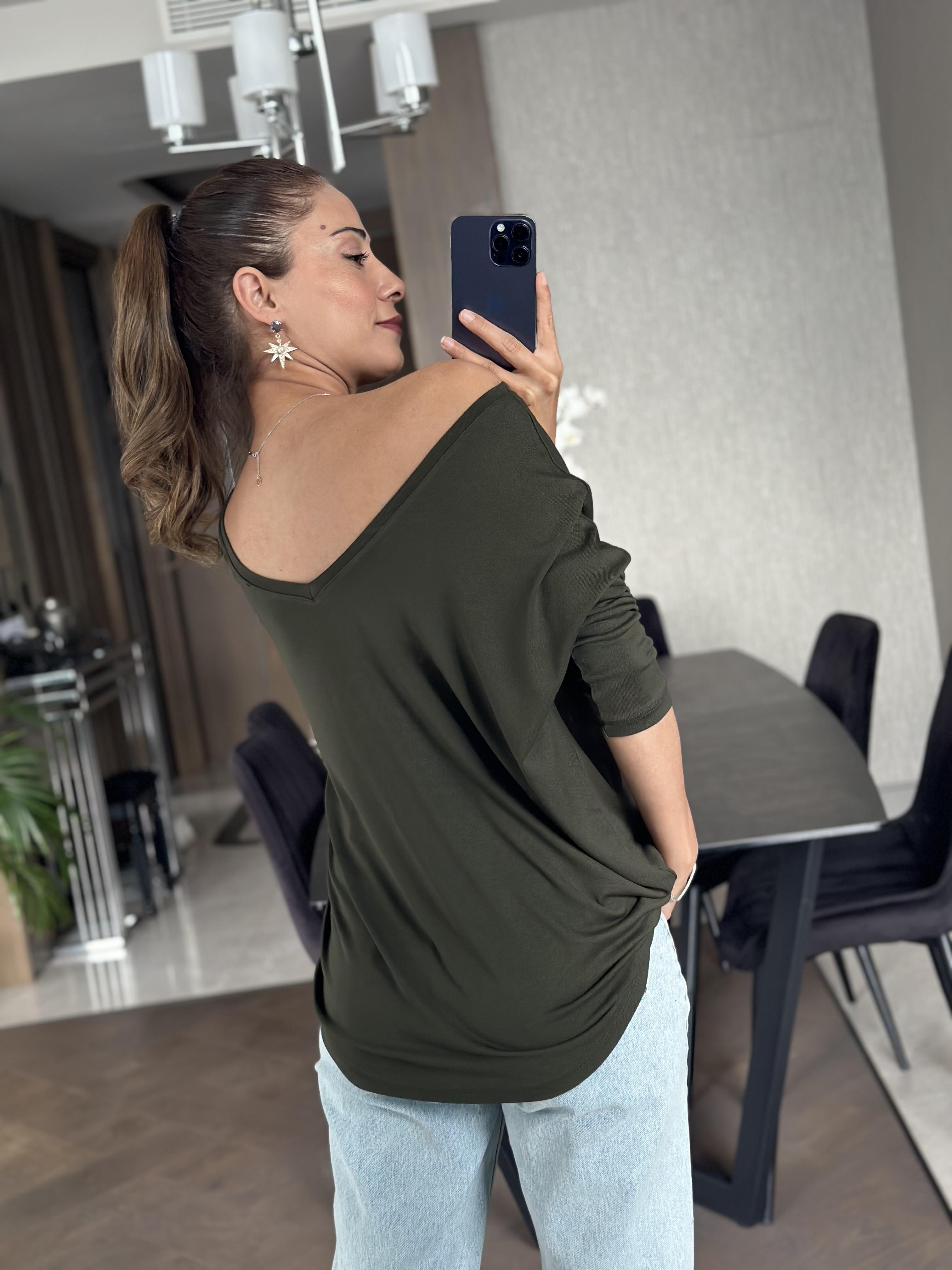 Haki Arkası V Önü Bisiklet Yaka Uzun Kol Kadın Bluz