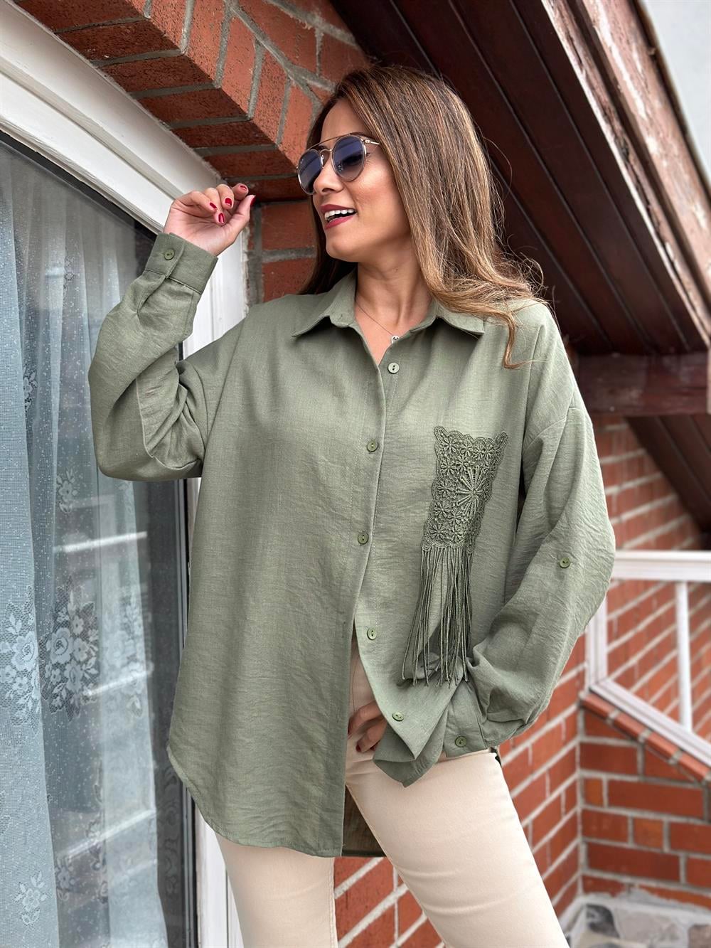 Haki Cebi Dantel Keten Aerobin Kadın Gömlek