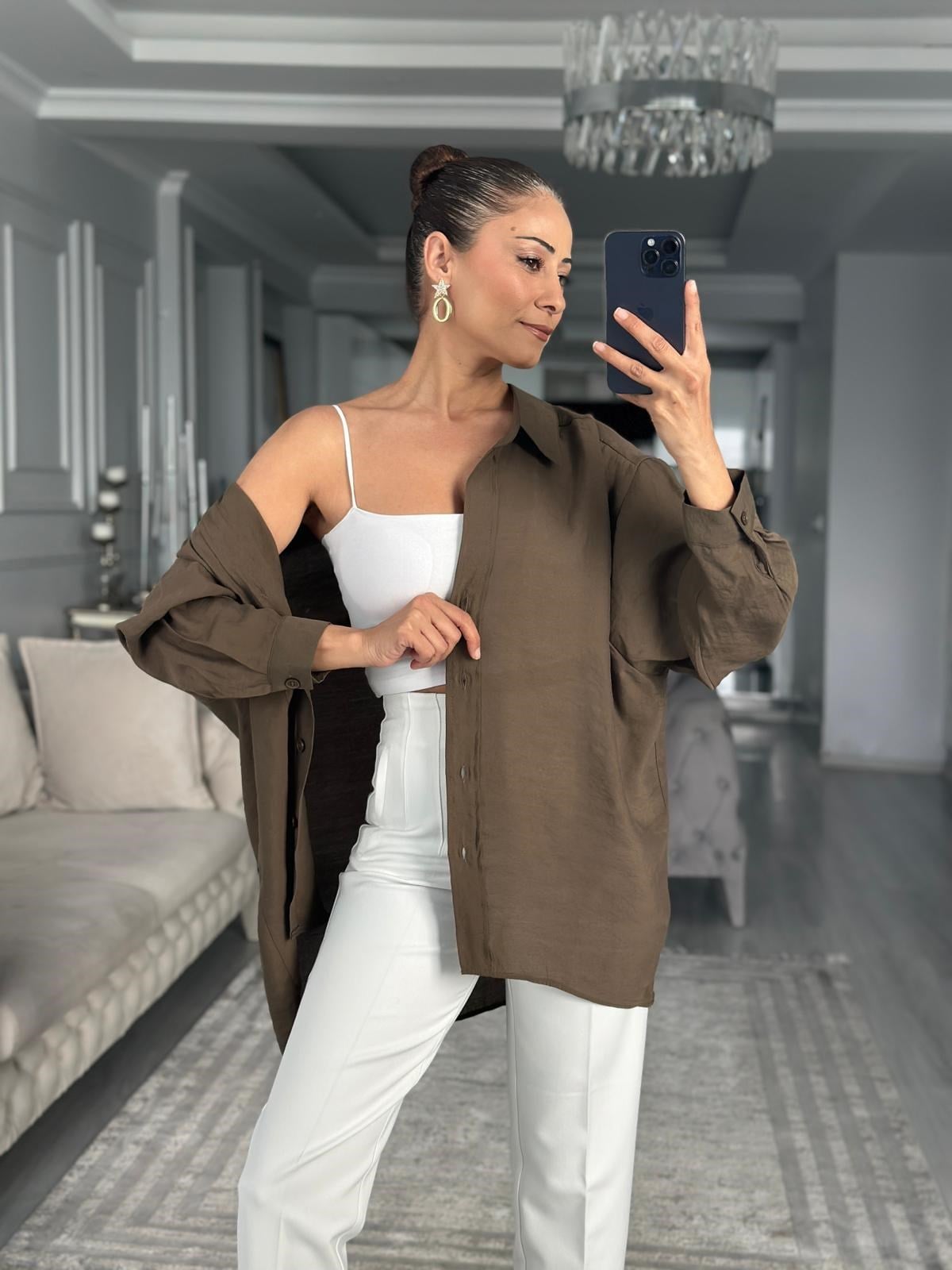 Haki Düşük Omuzlu Oversize Kadın Gömlek