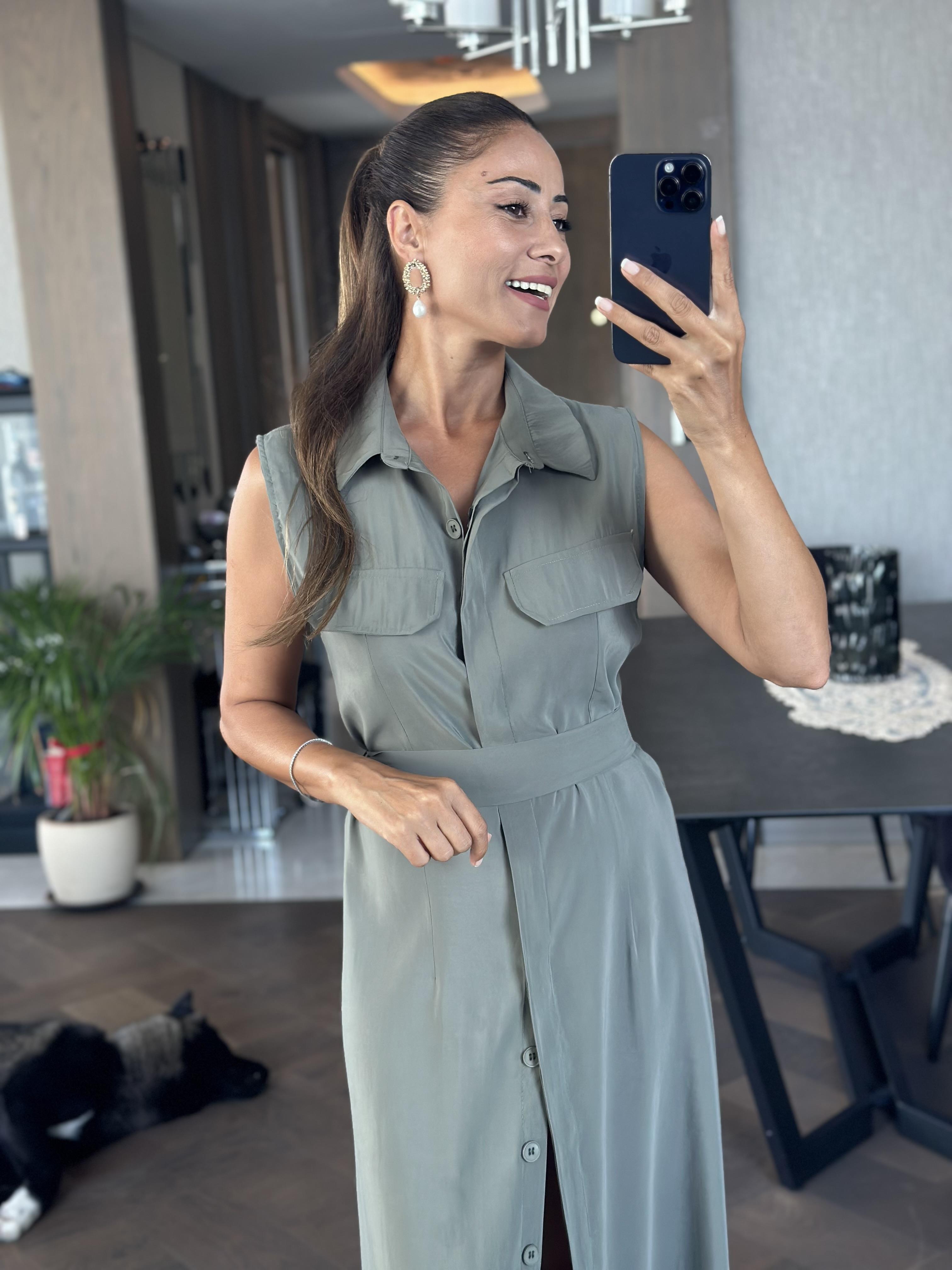 Haki Gizli İlik Detay Sıfır Kol Kuşaklı Midiboy Kadın Gömlek Elbise 