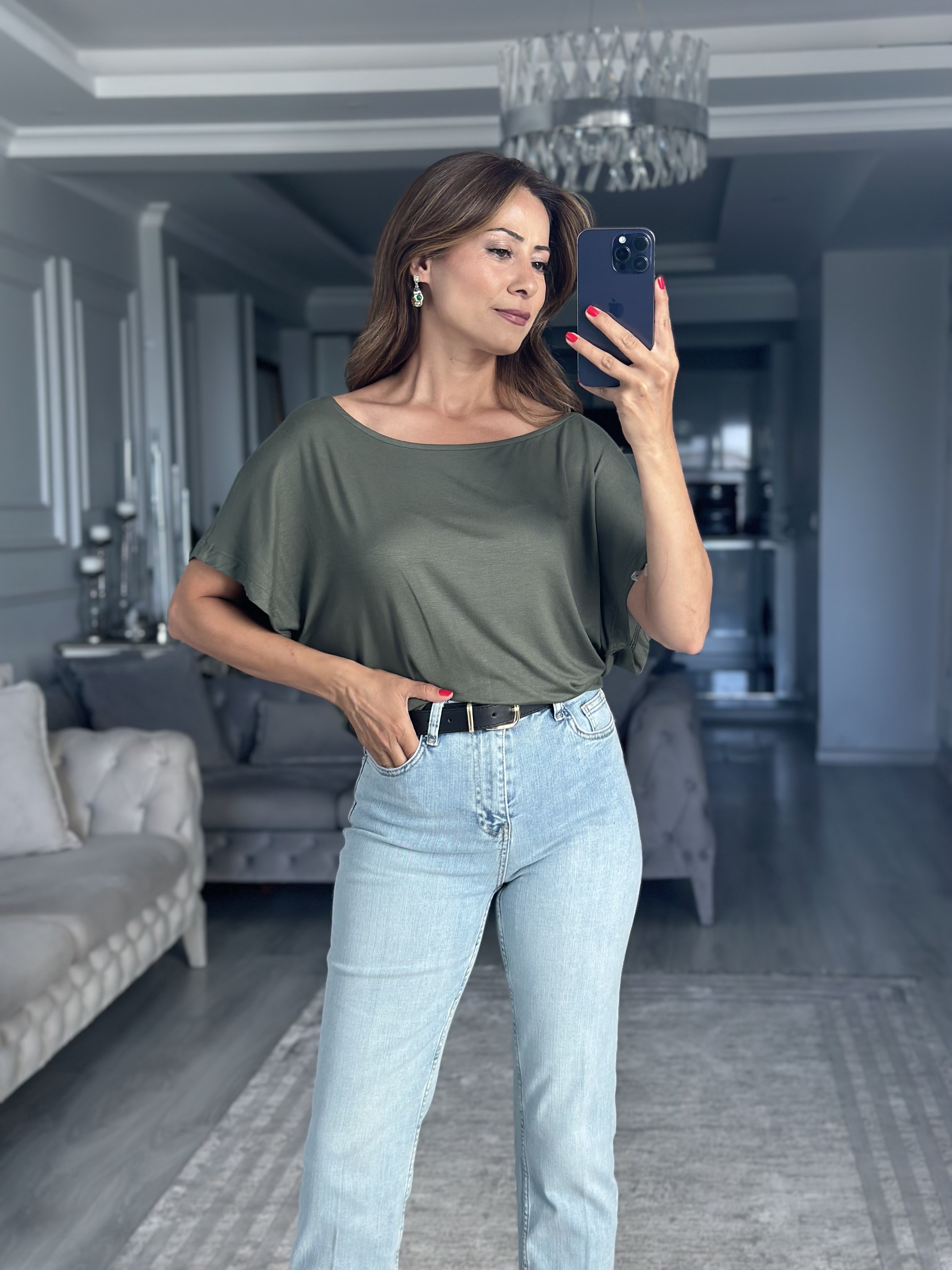 Haki Kayık Yaka Yarasa Kol Kadın T-Shirt