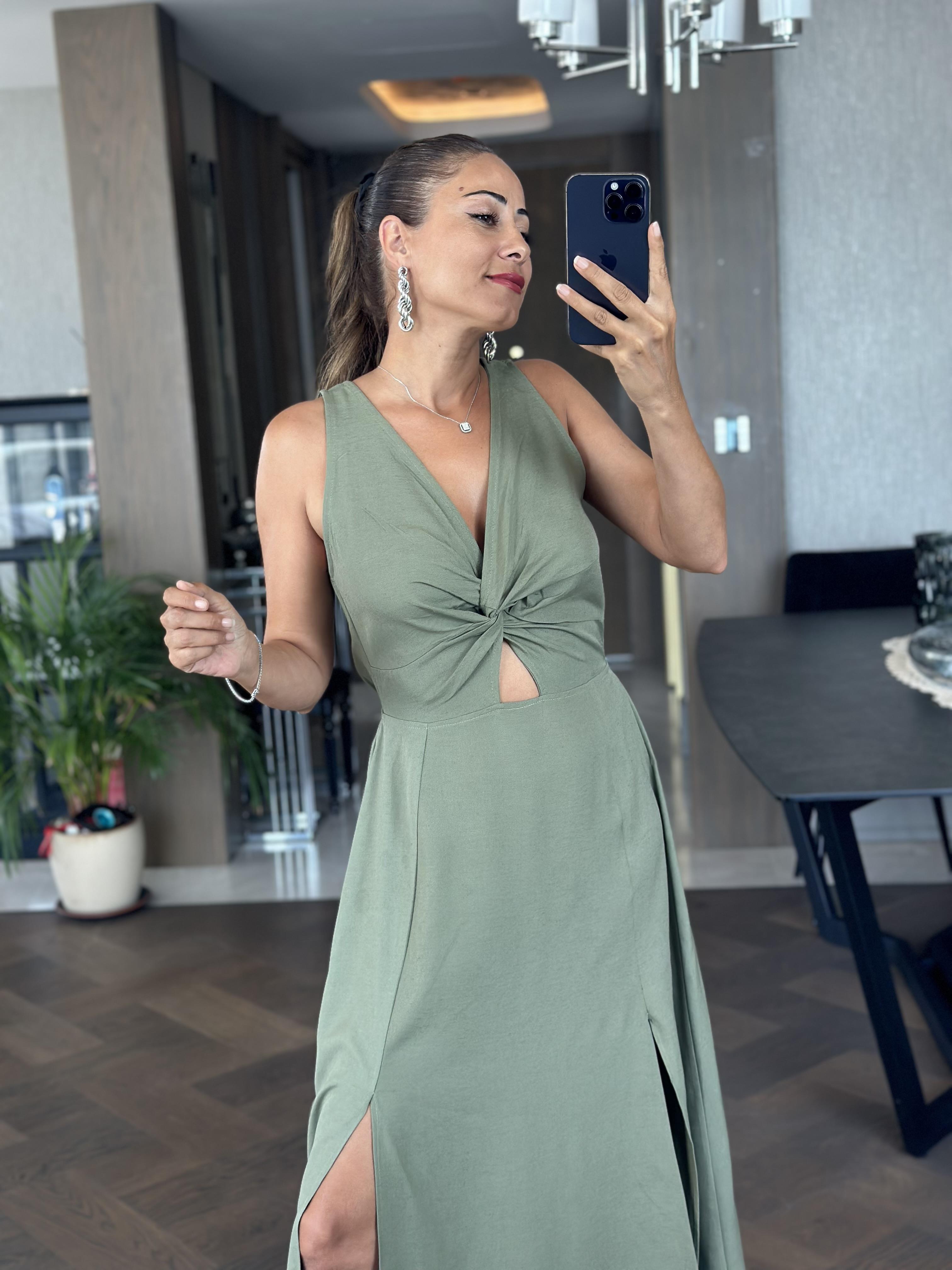 Haki Keten Önü Düğüm Detay Arka Beli Lastikli Sıfır Kol Yırtmaçlı Midi Boy Kadın Elbise 