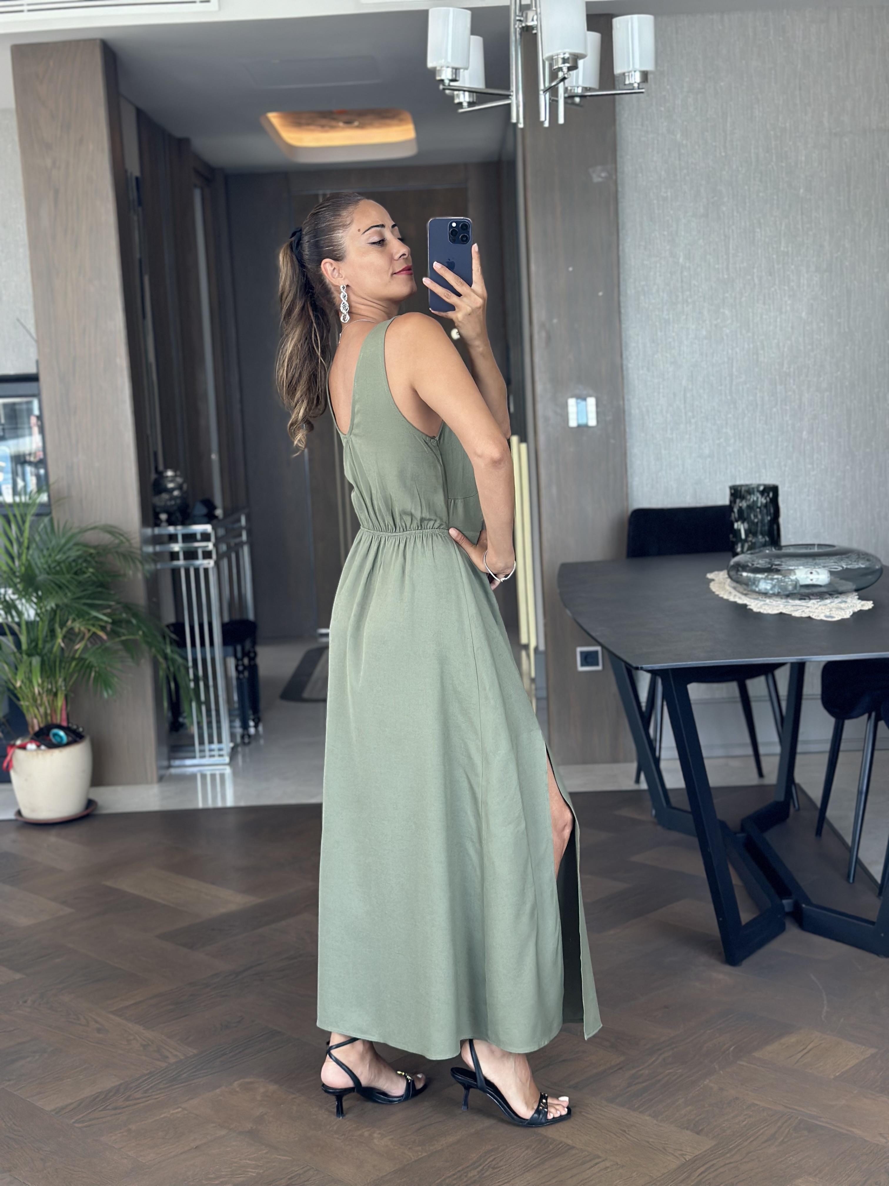 Haki Keten Önü Düğüm Detay Arka Beli Lastikli Sıfır Kol Yırtmaçlı Midi Boy Kadın Elbise 