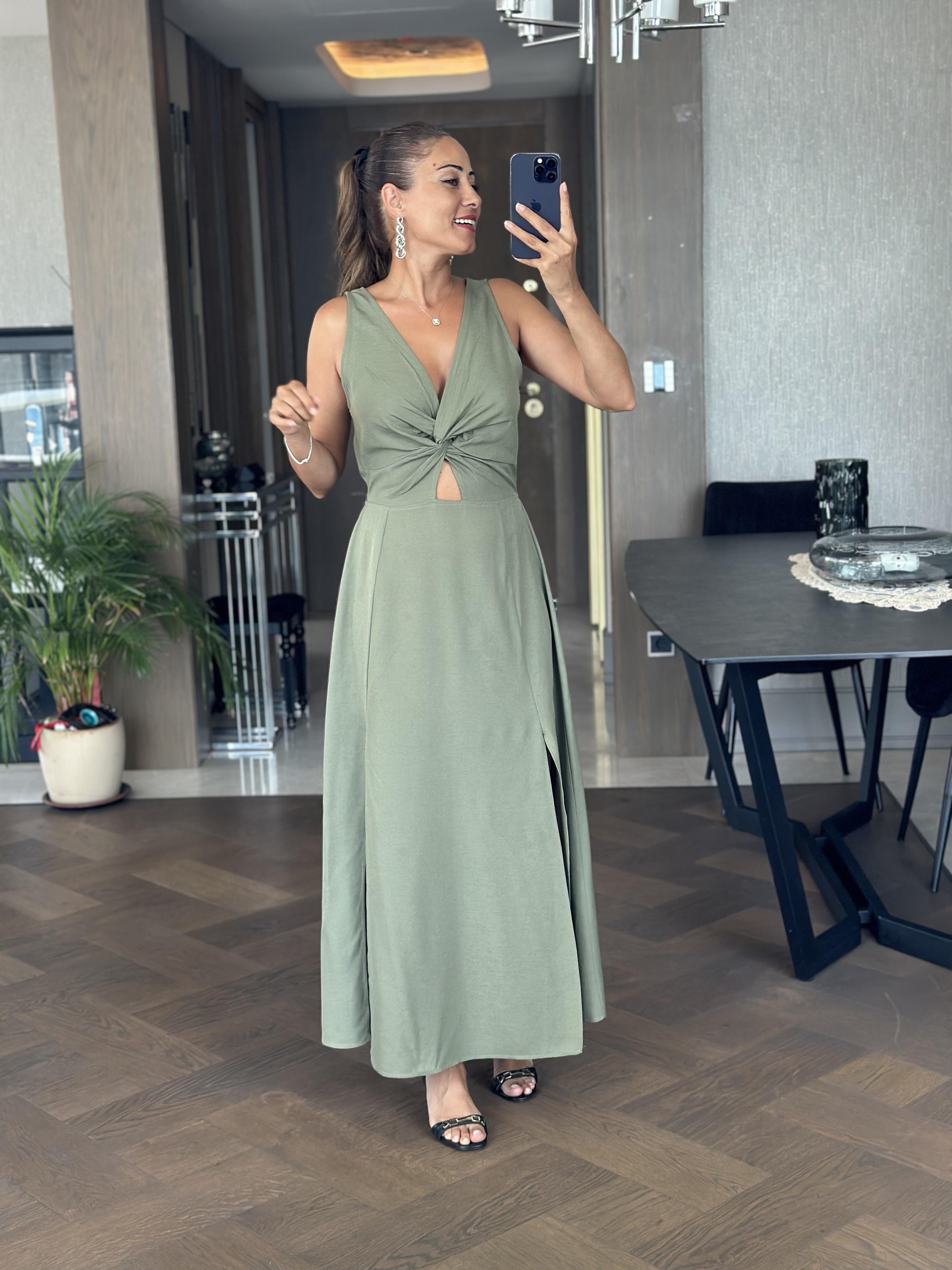 Haki Keten Önü Düğüm Detay Arka Beli Lastikli Sıfır Kol Yırtmaçlı Midi Boy Kadın Elbise 