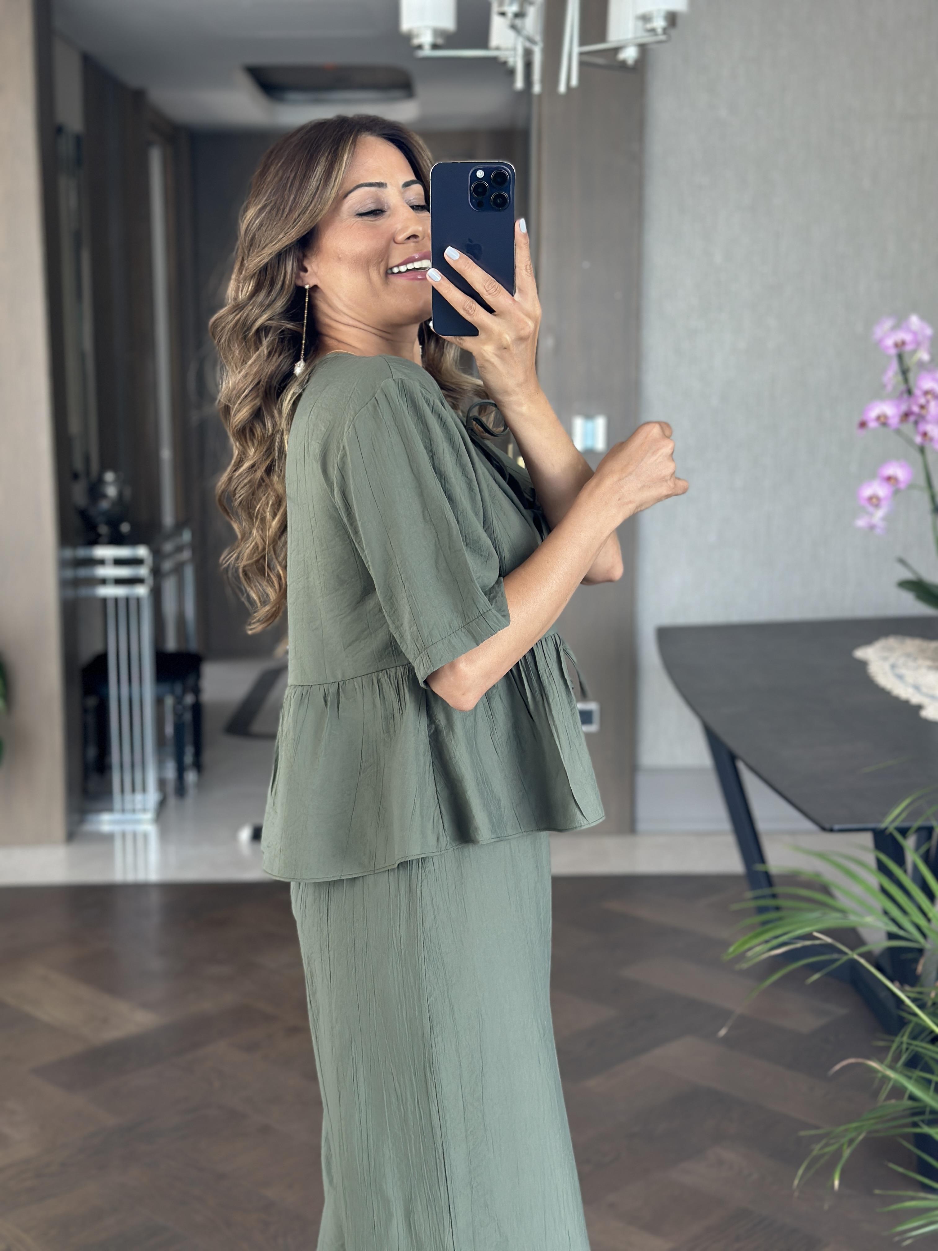 Haki Kısa Kol Önü Bağlamalı Bluz Cepsiz Pantolon Kadın İkili Takım