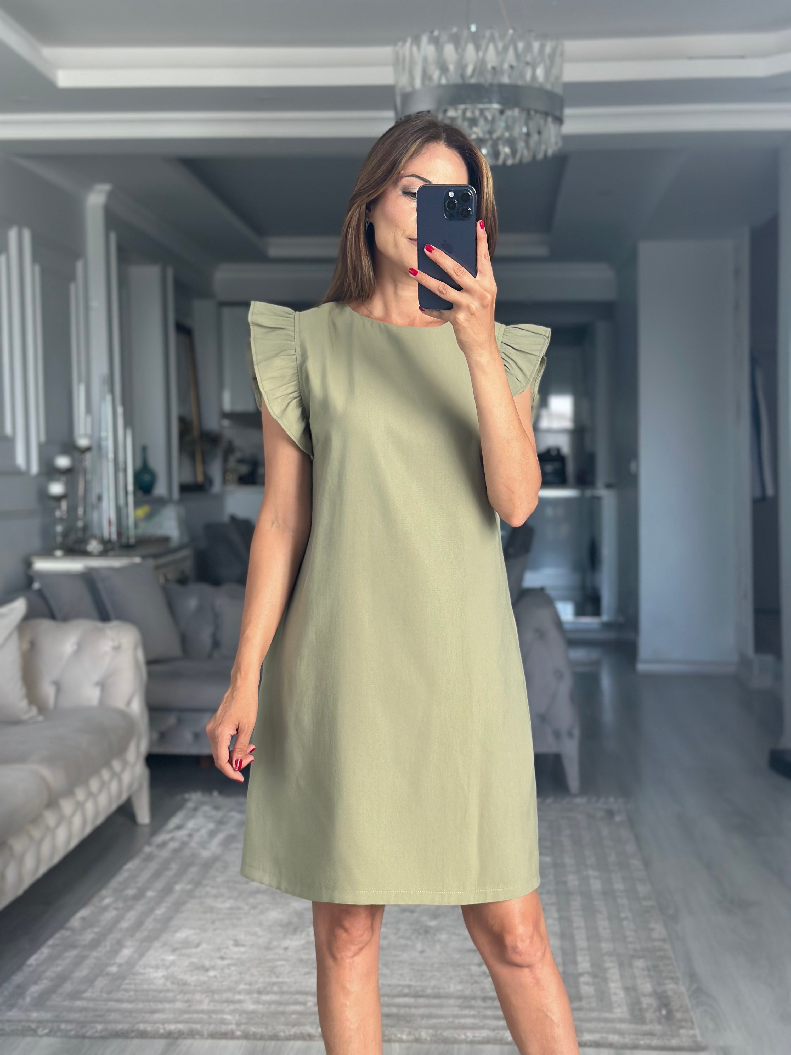 Haki Kolları Fırfırlı Cepli Mini Kadın Mini Elbise 