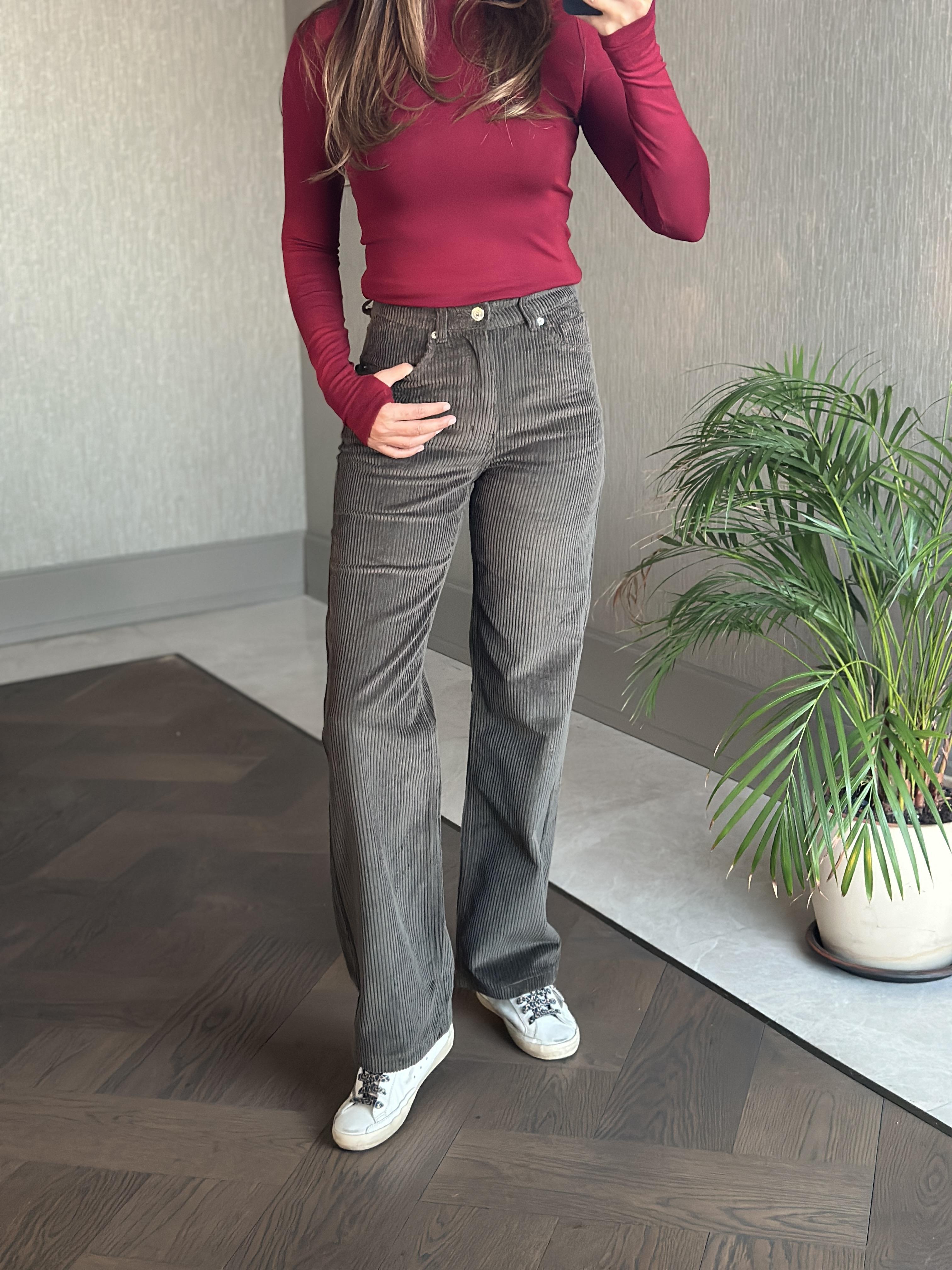 Haki Marka Model Straight Fitilli Kadın Kadife Pantolon