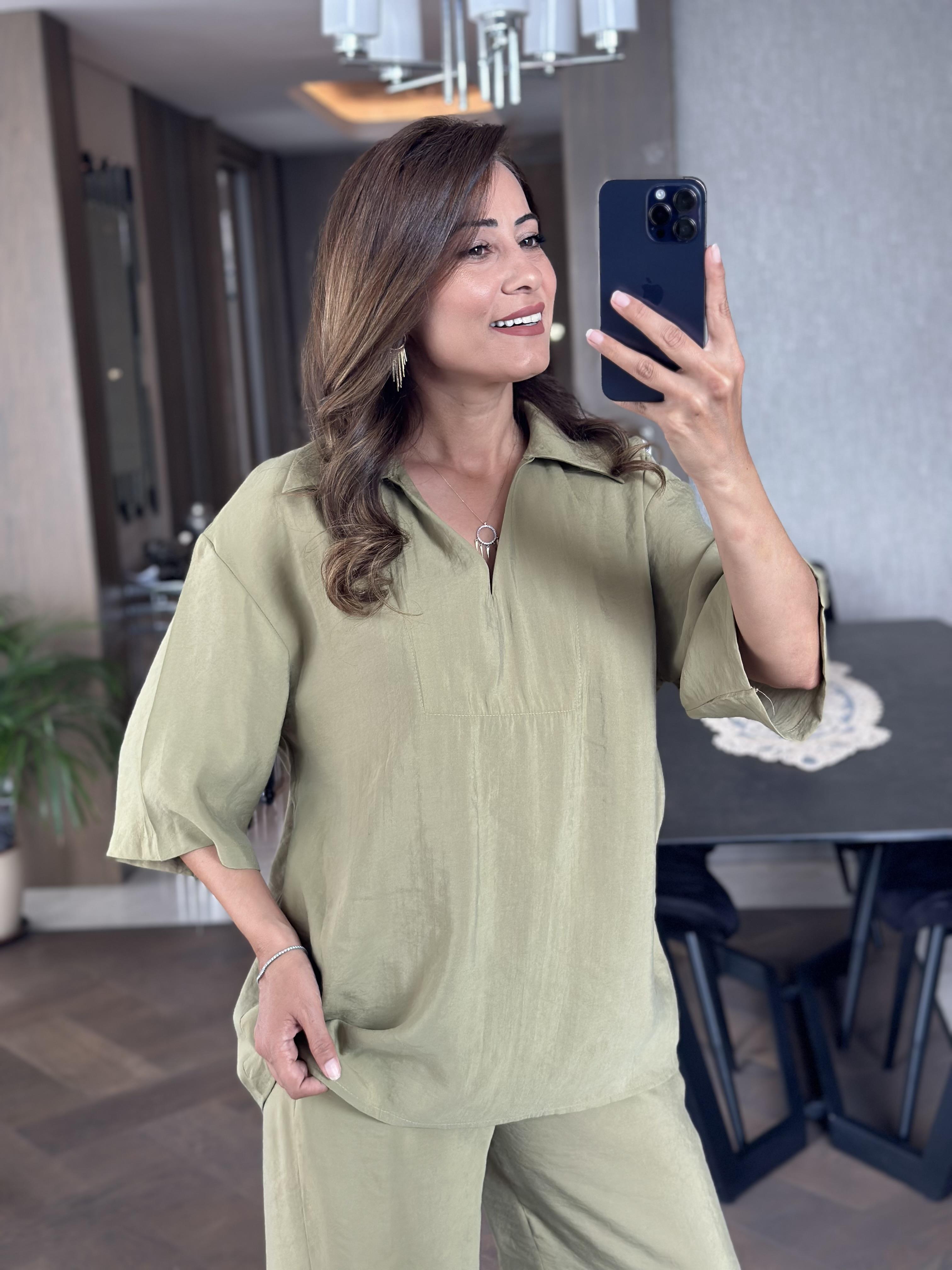 Haki Oversize Kısa Kol Gömlek Yaka Tnsel İkili Kadın İkili Takım