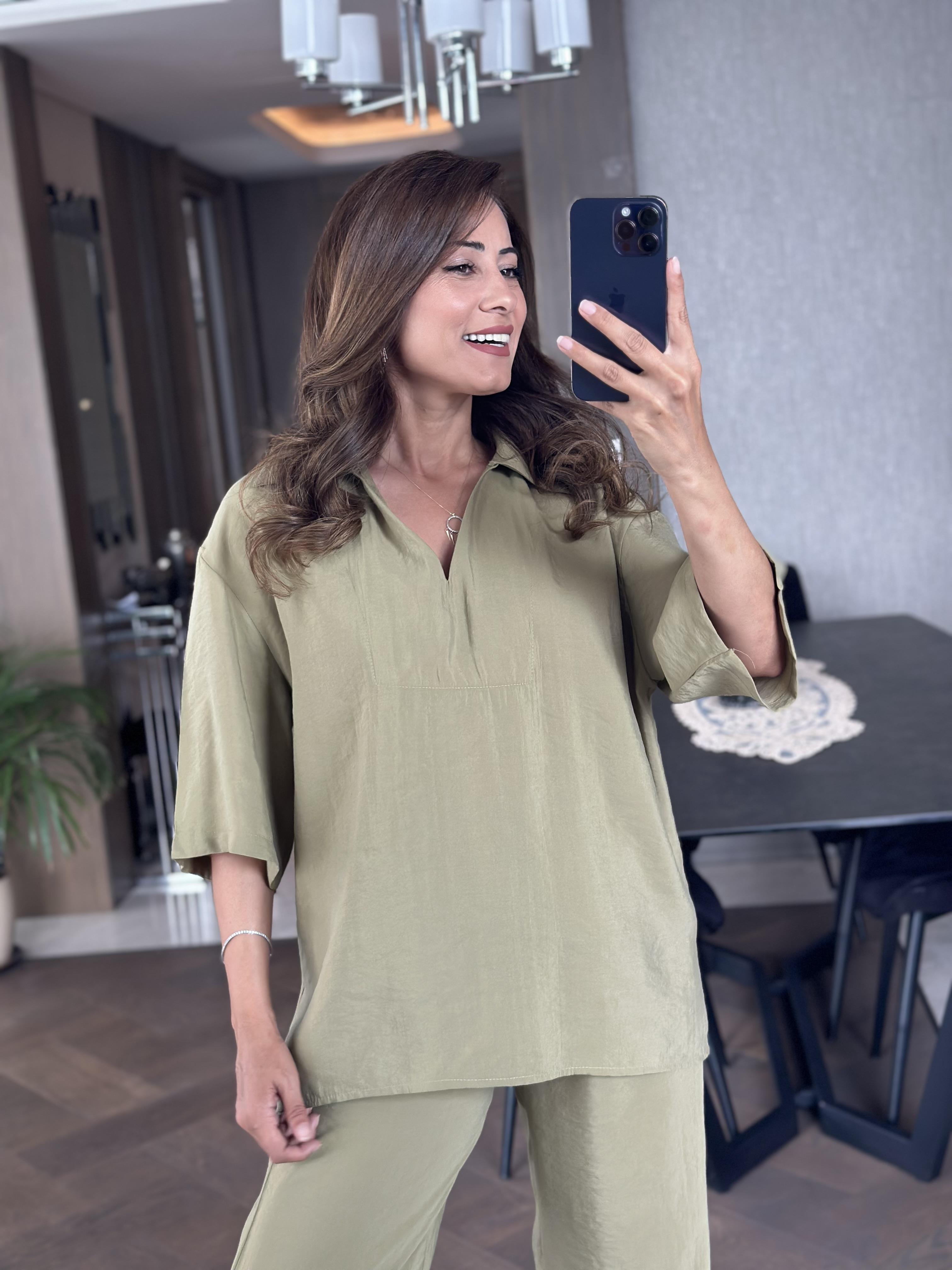 Haki Oversize Kısa Kol Gömlek Yaka Tnsel İkili Kadın İkili Takım