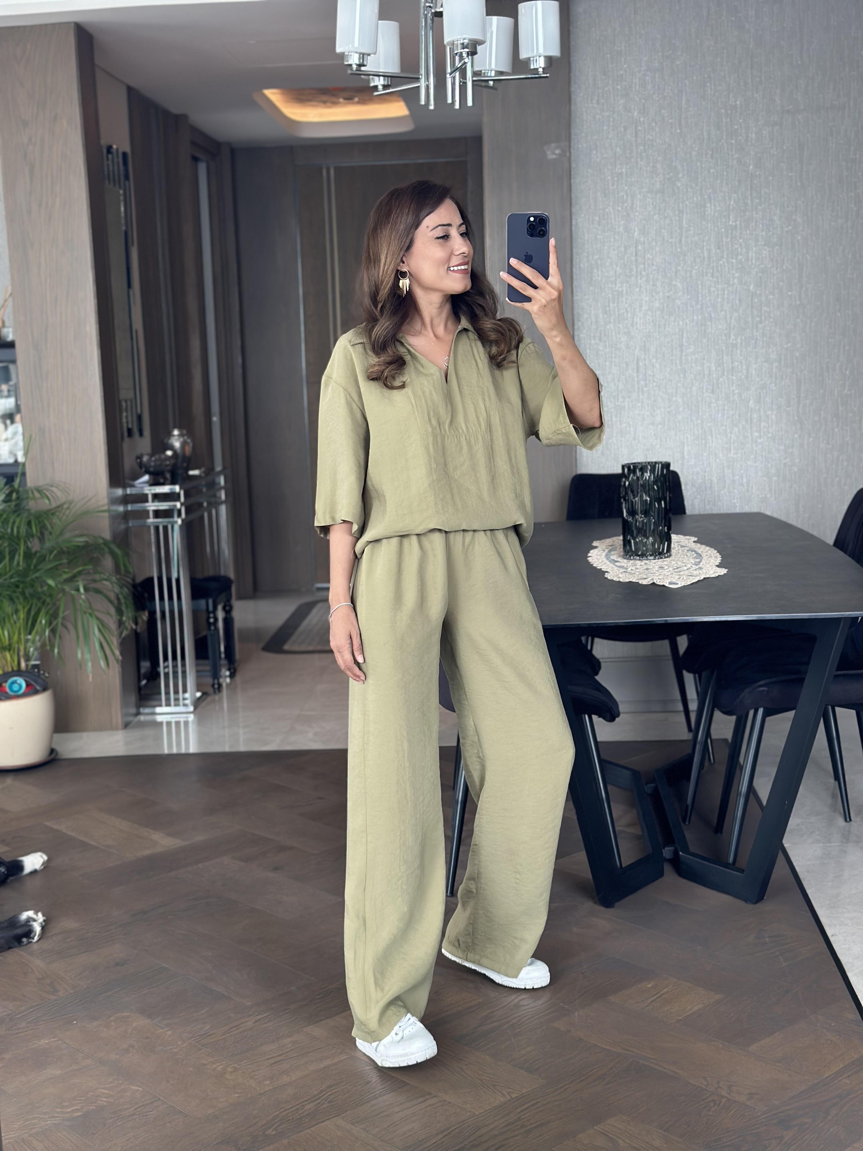 Haki Oversize Kısa Kol Gömlek Yaka Tnsel İkili Kadın İkili Takım