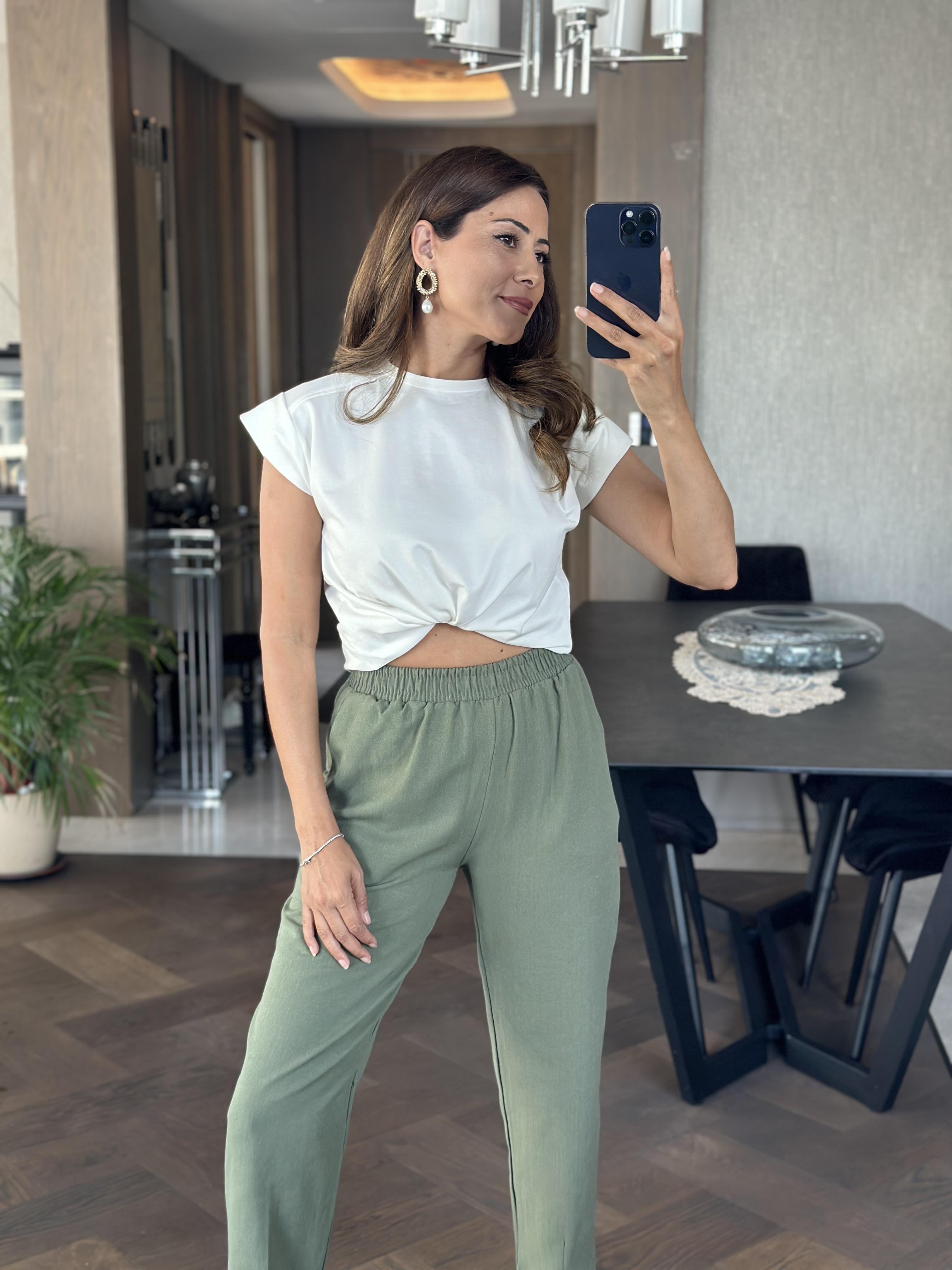 Haki Paçası Dikiş Detay Beli Lastikli Cepli Keten Kadın Pantolon