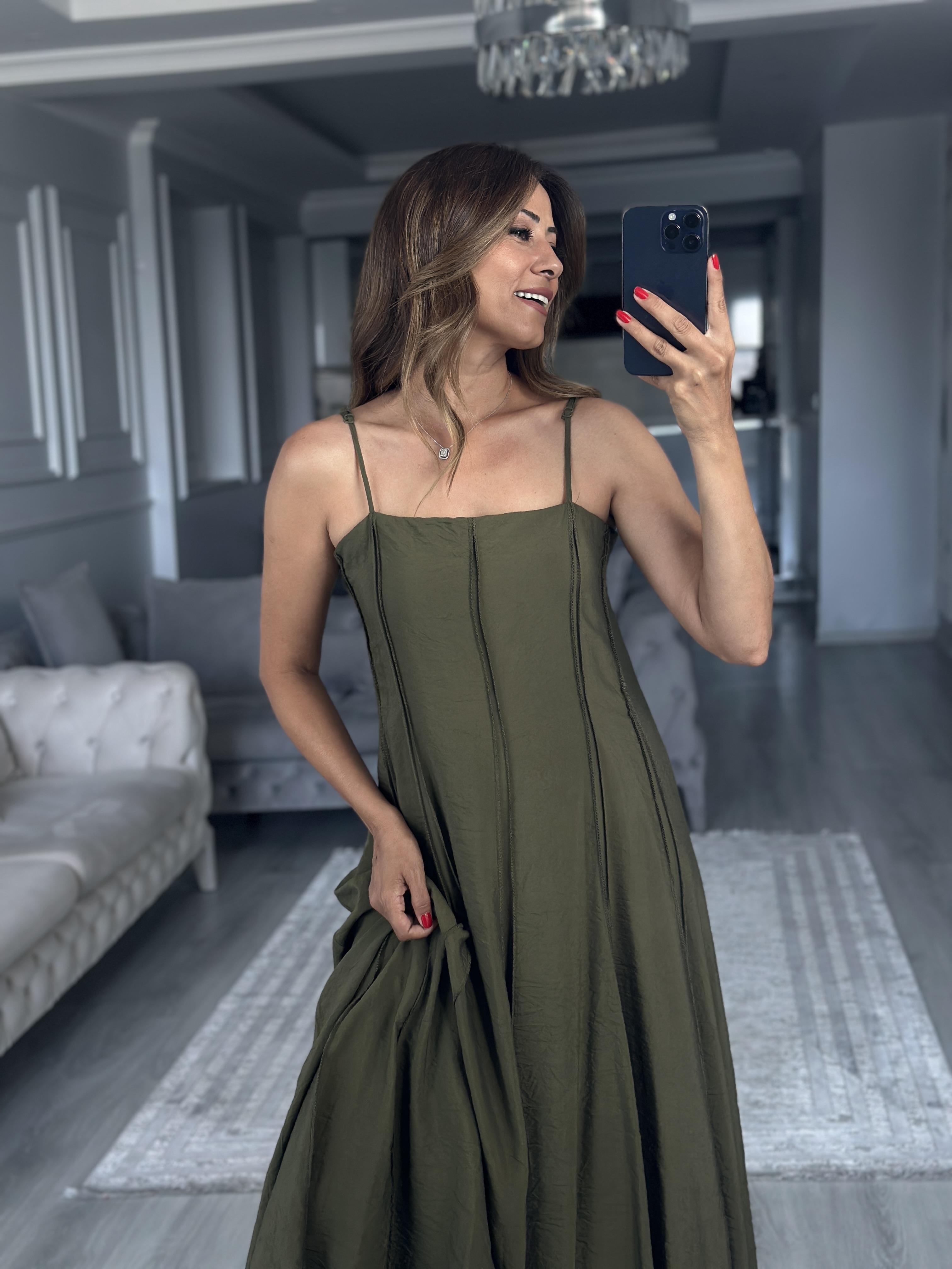 Haki Straplez Yaka İnce Askılı Midi Boy Kadın Elbise