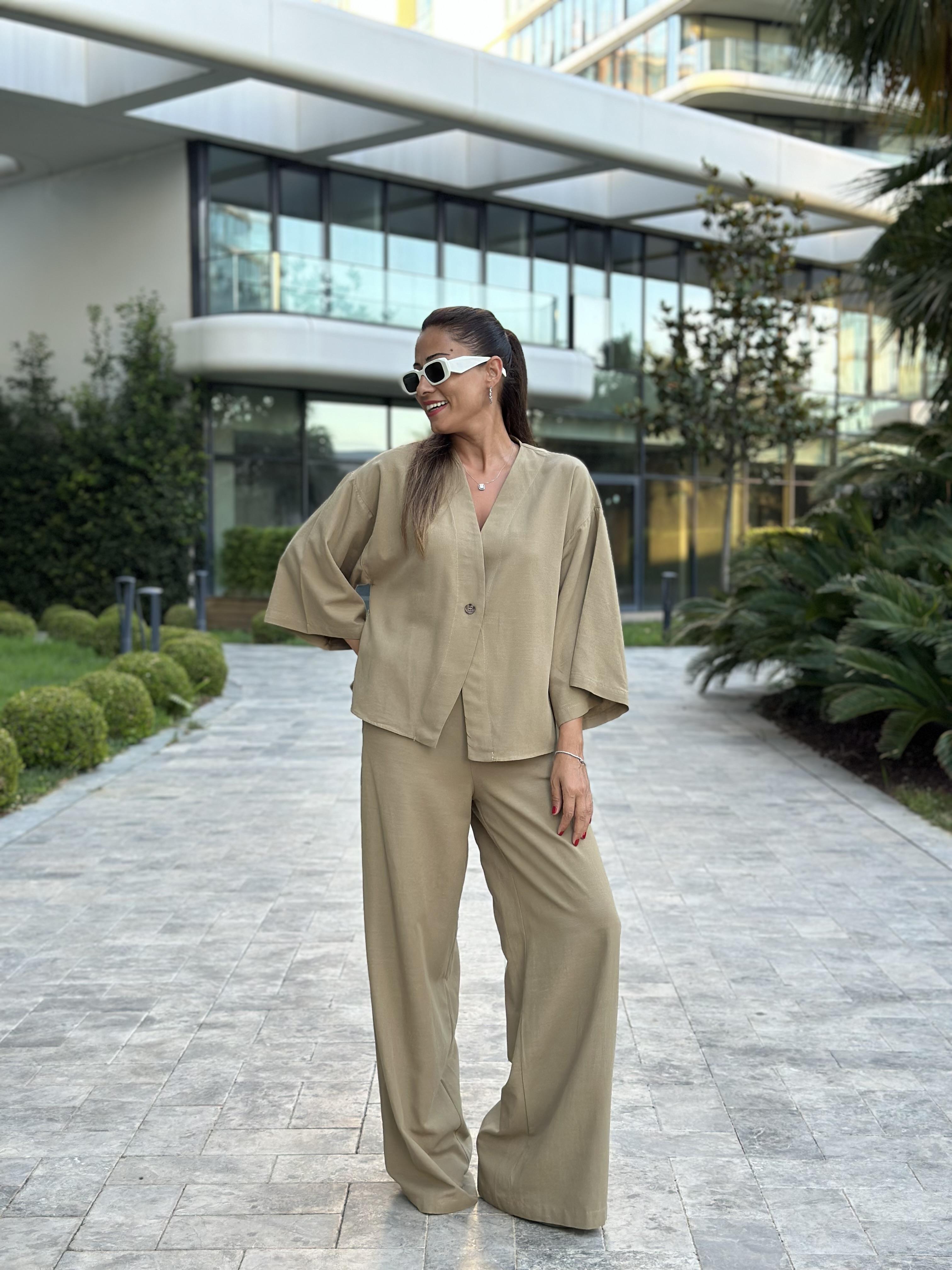 Haki Tek Düğmeli Kimono Pantolon Keten Kadın Alt Üst Takım