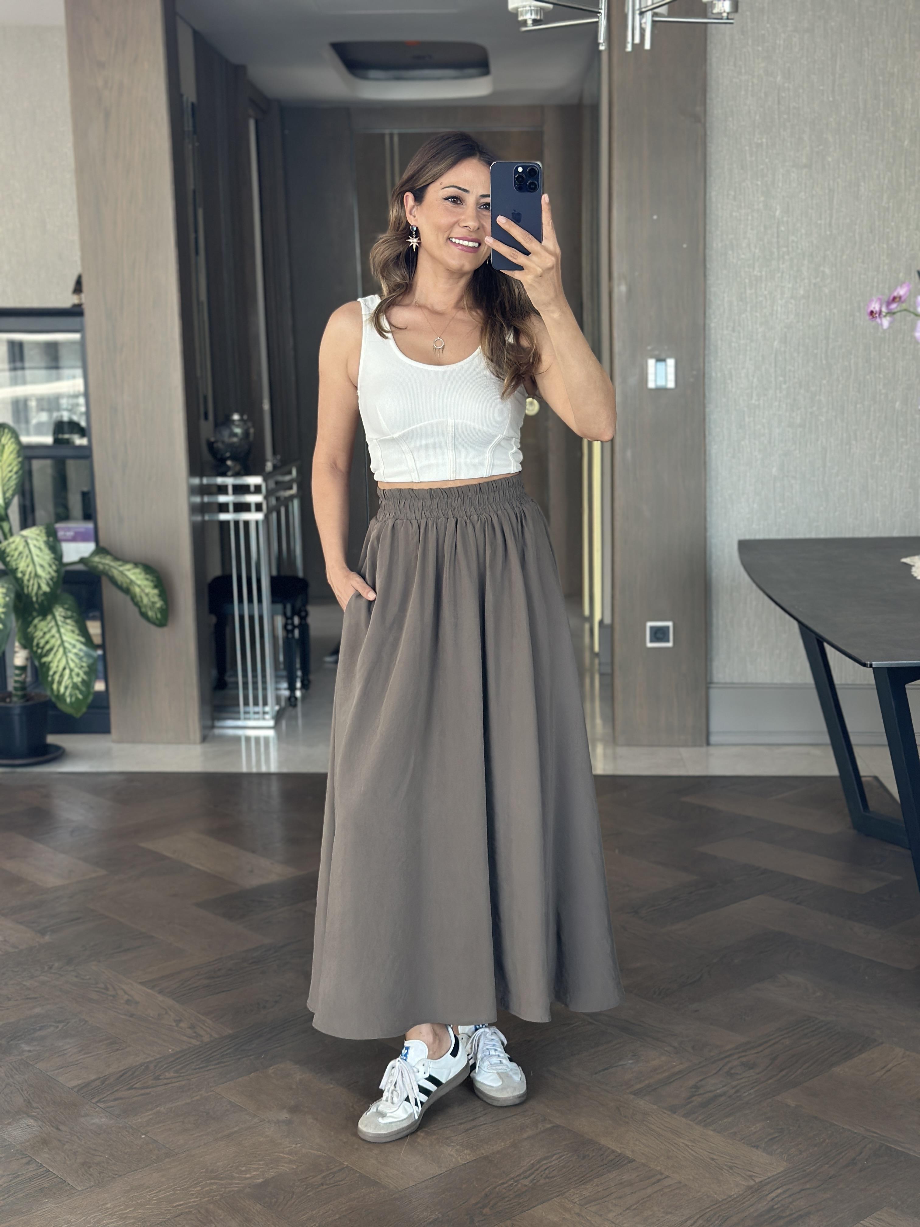 Haki Tensel Kumaş Beli Lastikli Cepli Kadın Midi Boy Etek