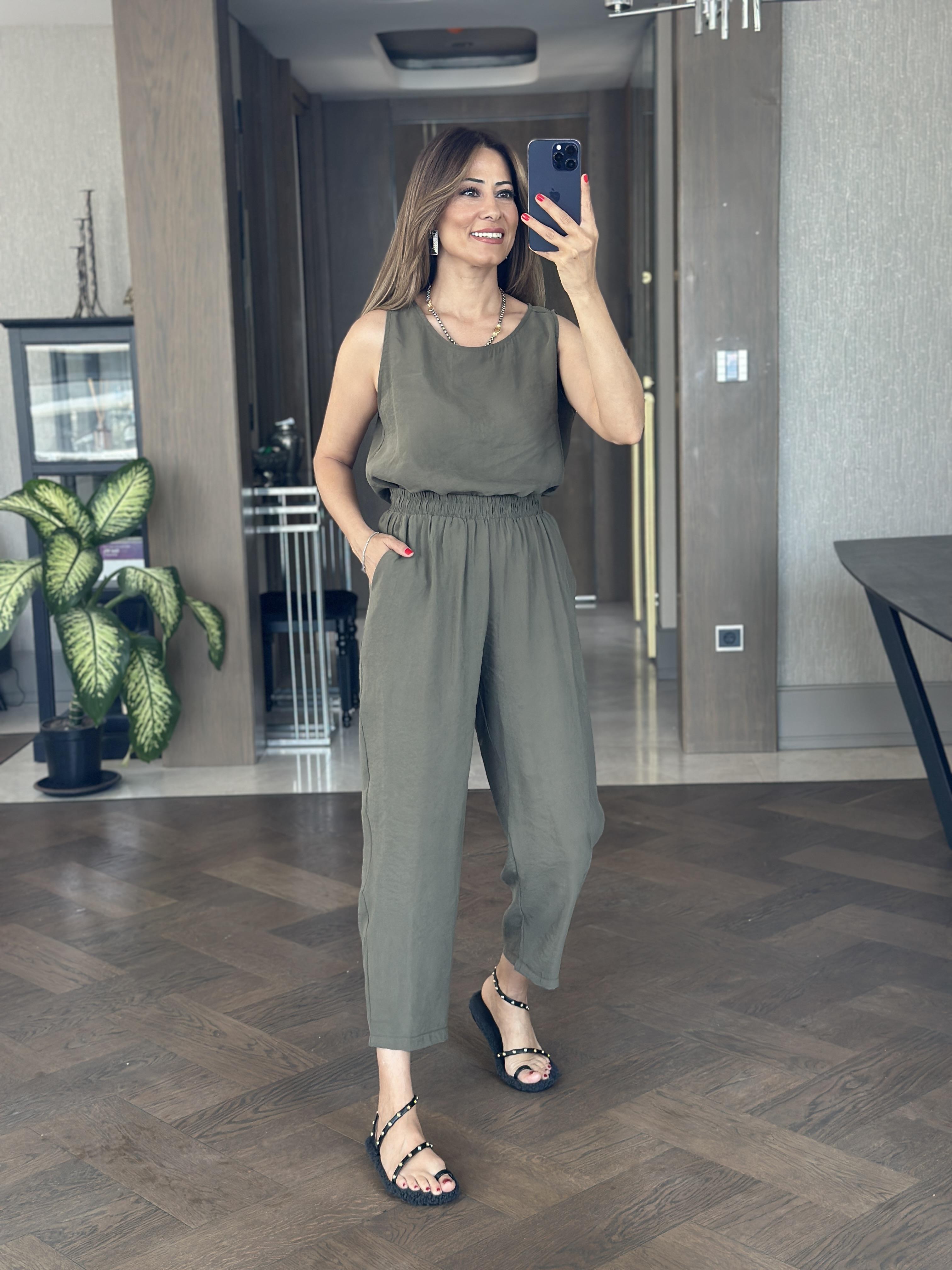 Haki Bisiklet Yaka Sıfır Kol Bluz Pantolon Tnsl Alt Üst Takım