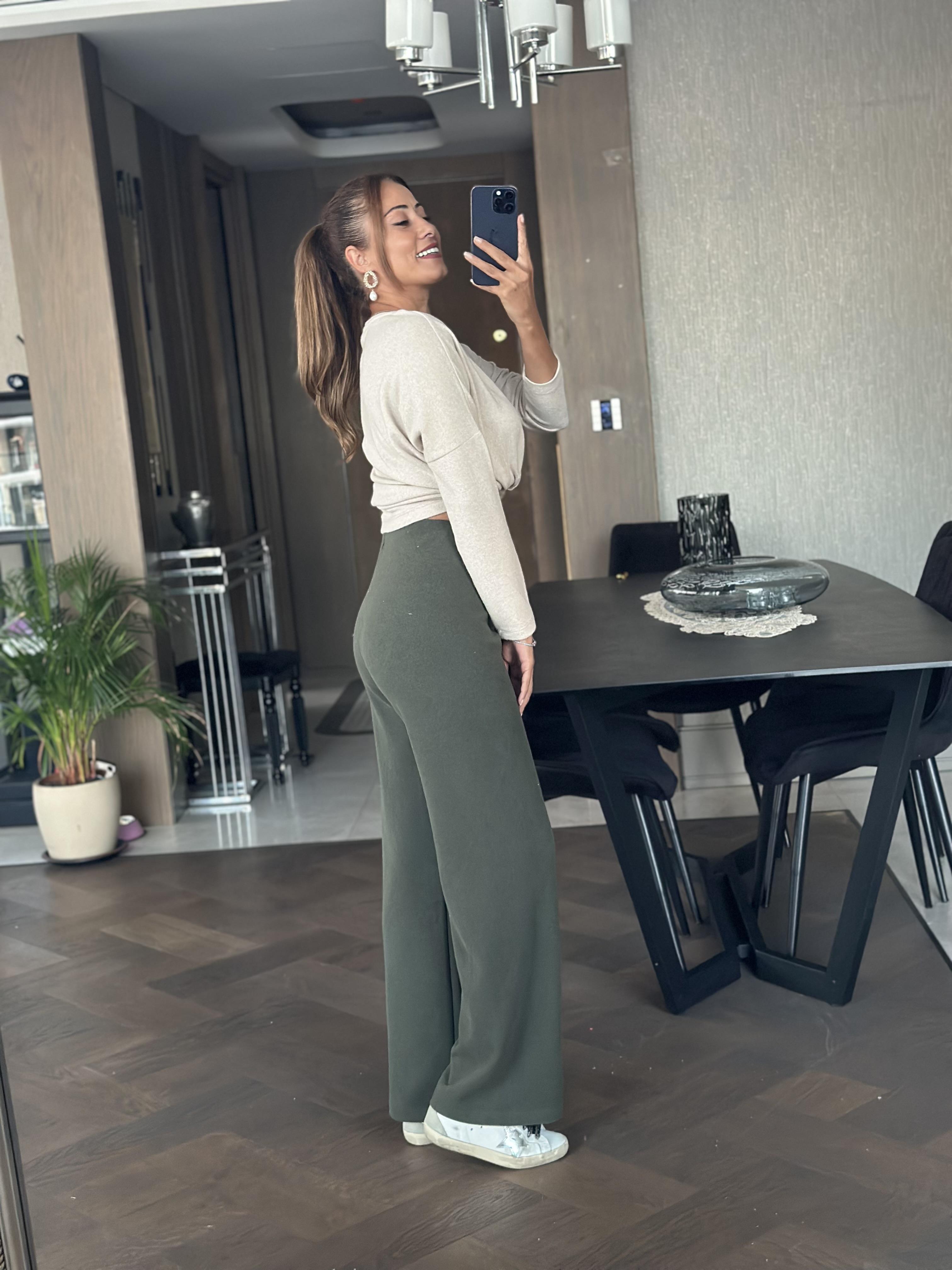 Haki Yumoş Beli Lastikli Bol Paça Kadın Pantolon