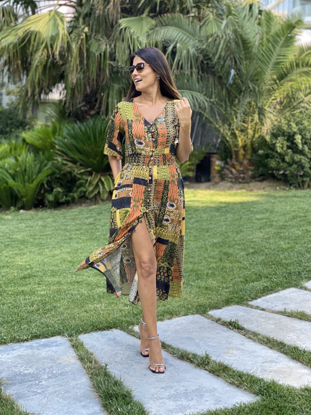 Hardal Desen Brit Düğmeli Viskon Kadın Elbise