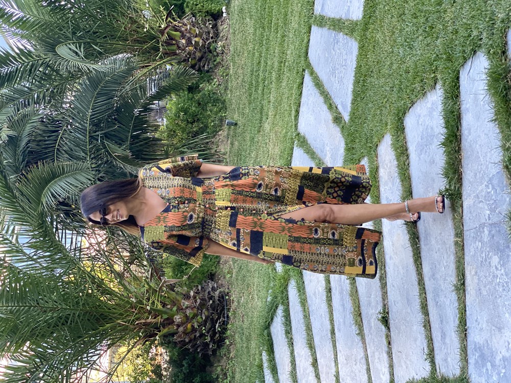 Hardal Desen Brit Düğmeli Viskon Kadın Elbise