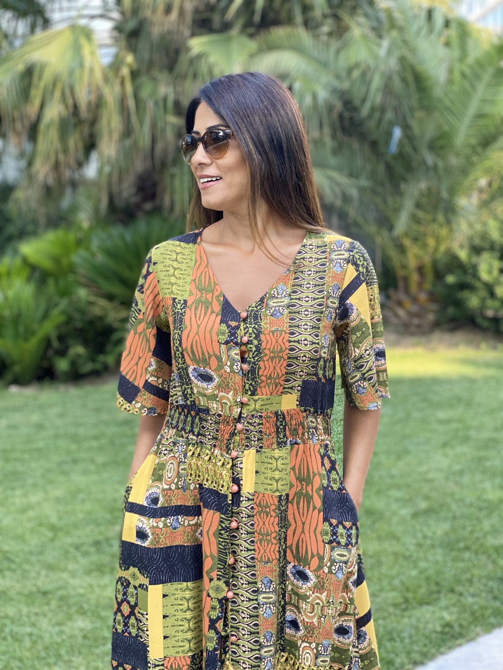 Hardal Desen Brit Düğmeli Viskon Kadın Elbise