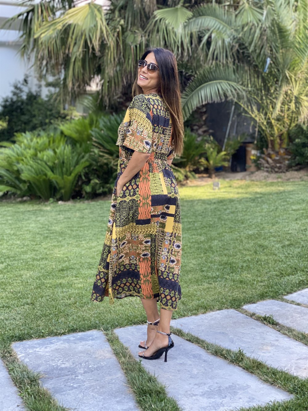 Hardal Desen Brit Düğmeli Viskon Kadın Elbise