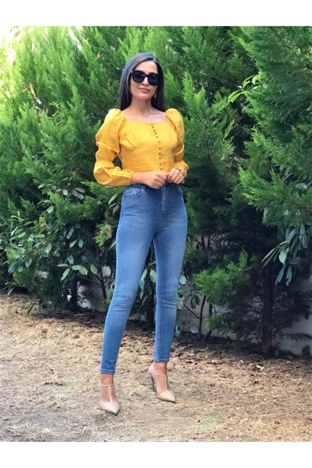 Hardal Karpuz Kol Önü Düğmeli Crop Bluz