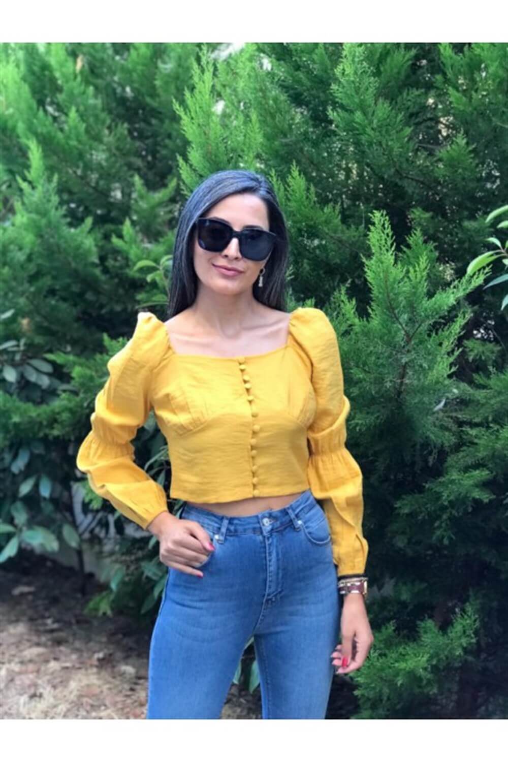 Hardal Karpuz Kol Önü Düğmeli Crop Bluz