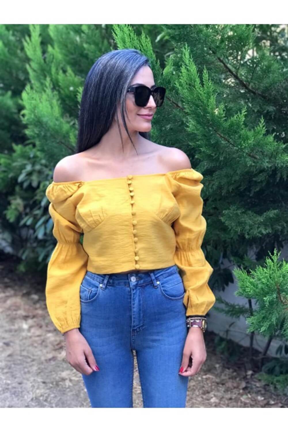 Hardal Karpuz Kol Önü Düğmeli Crop Bluz