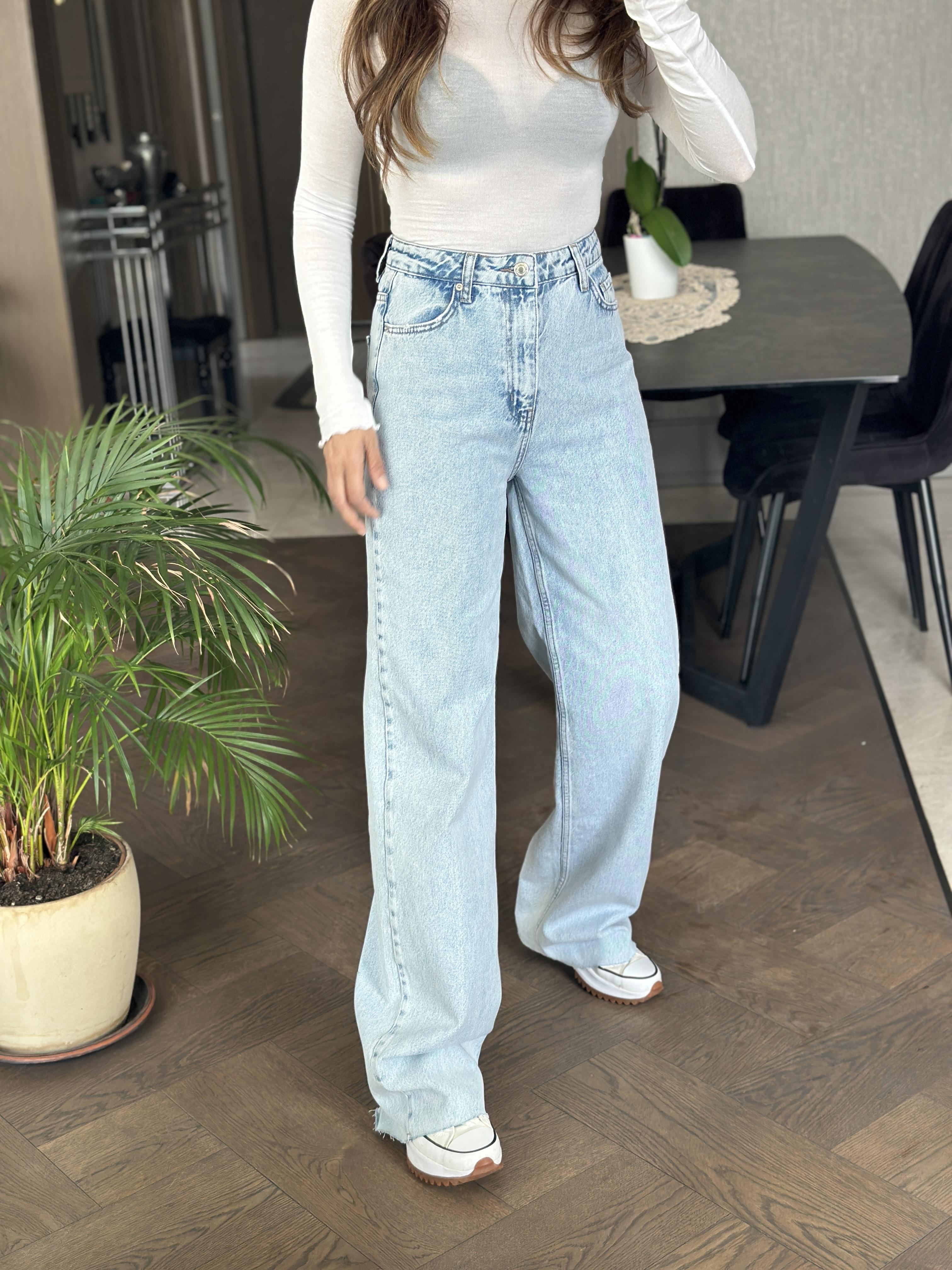 Ice Blue Kesik Paça  Wide Leg Kadın Jean Pantolon