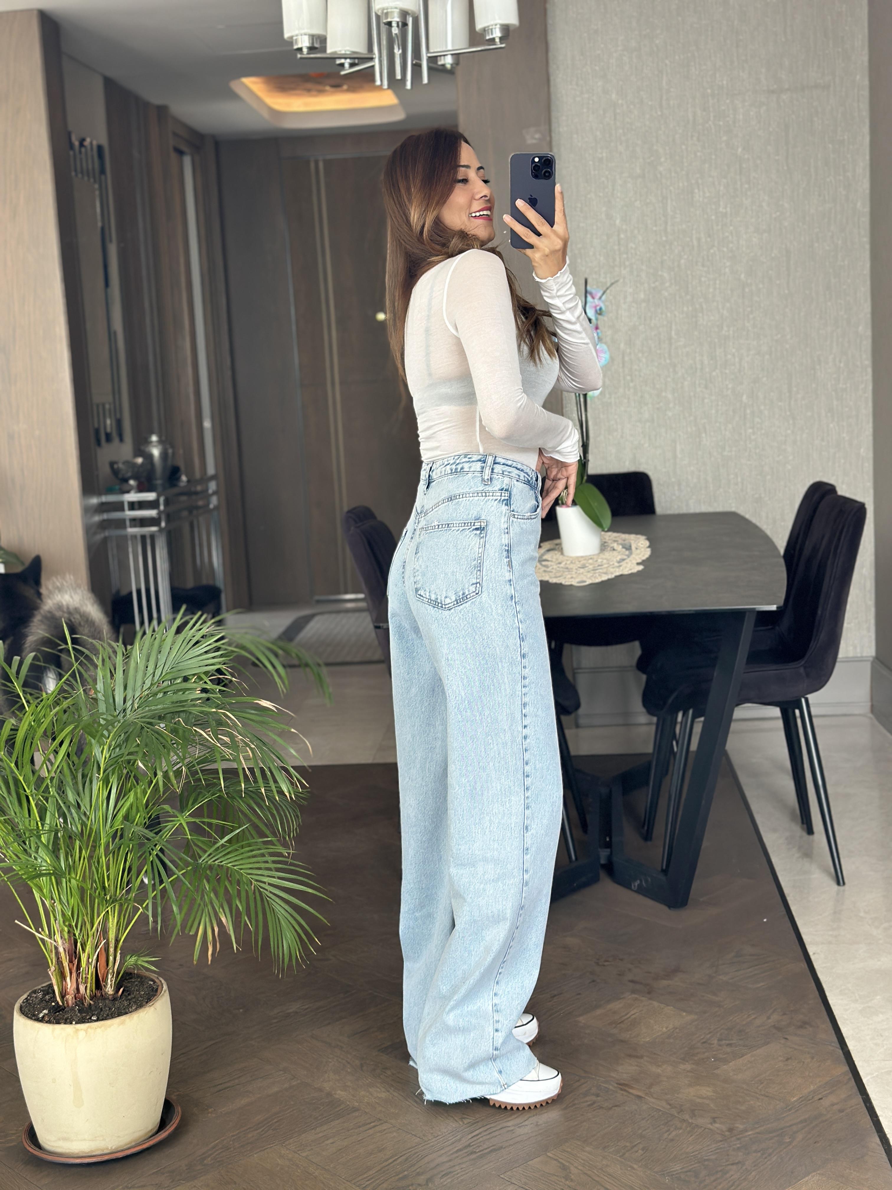 Ice Blue Kesik Paça  Wide Leg Kadın Jean Pantolon