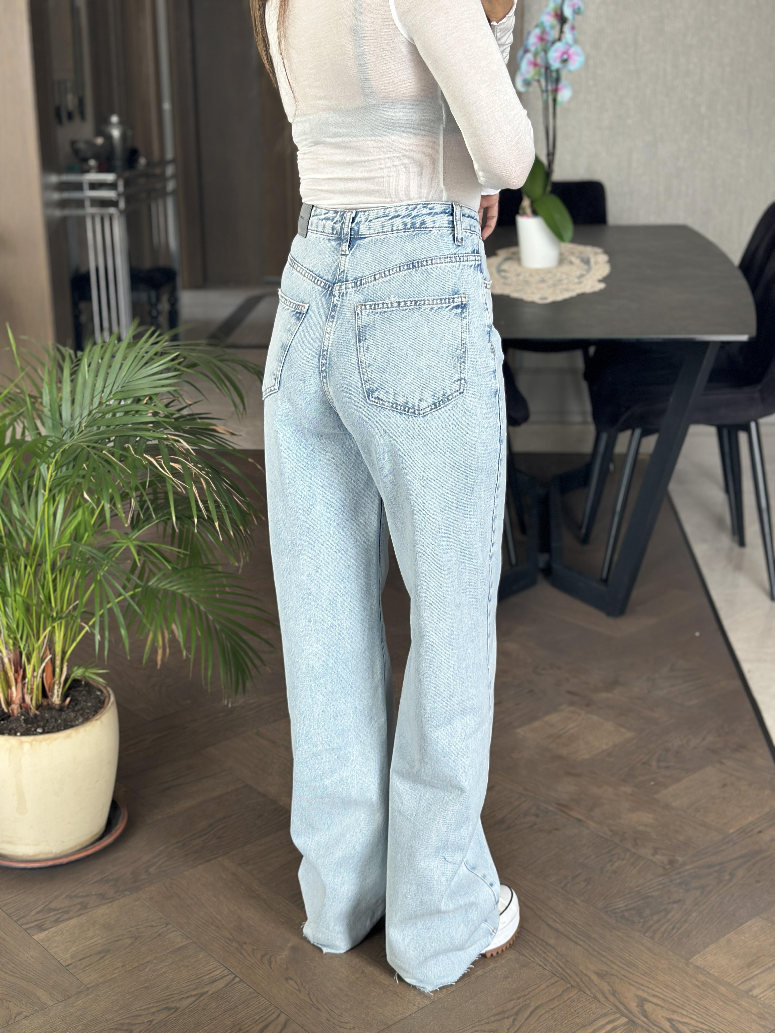 Ice Blue Kesik Paça  Wide Leg Kadın Jean Pantolon