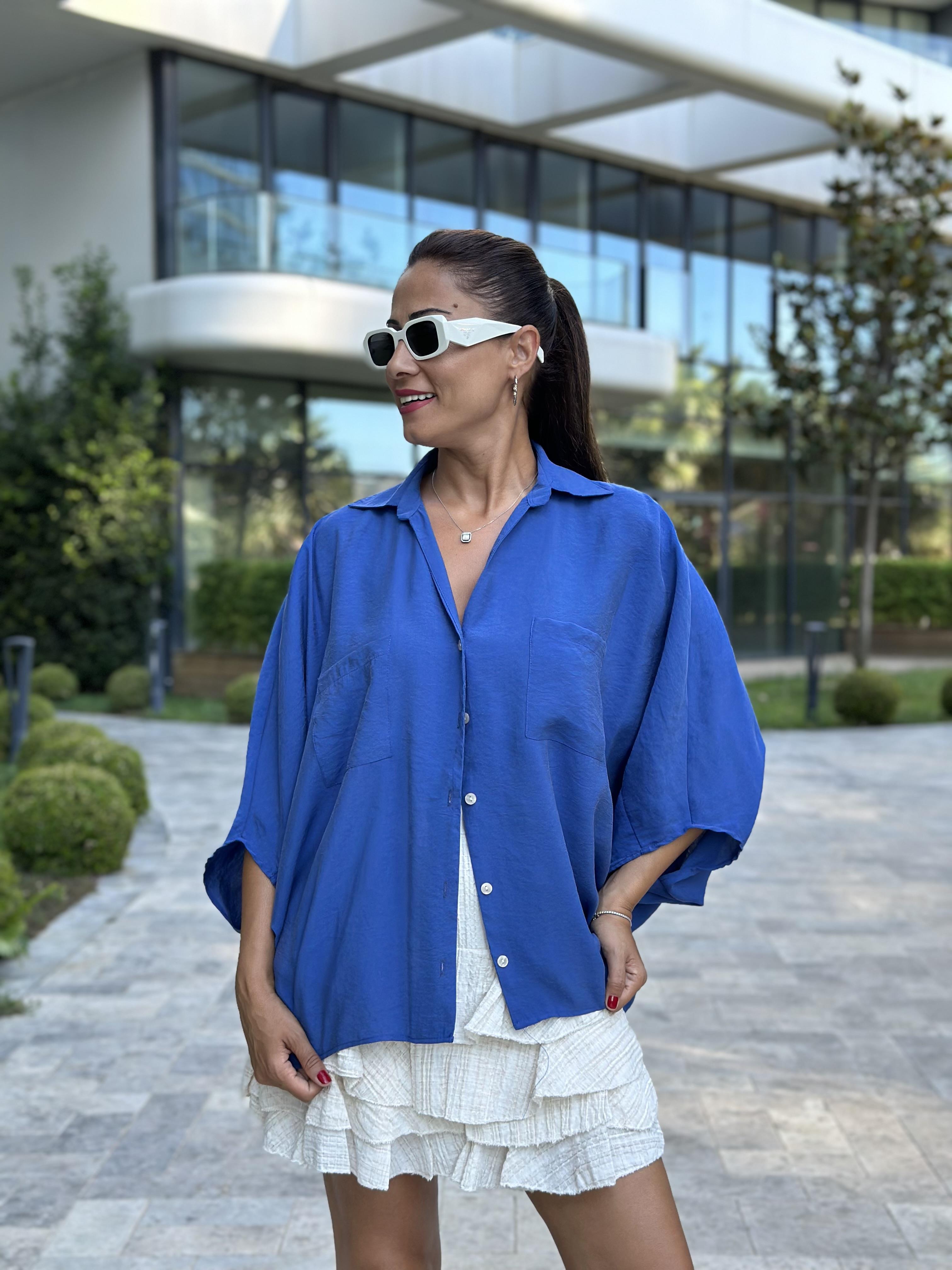 İndigo Çift Cepli Yarasa Kol Tensel Kadın Gömlek