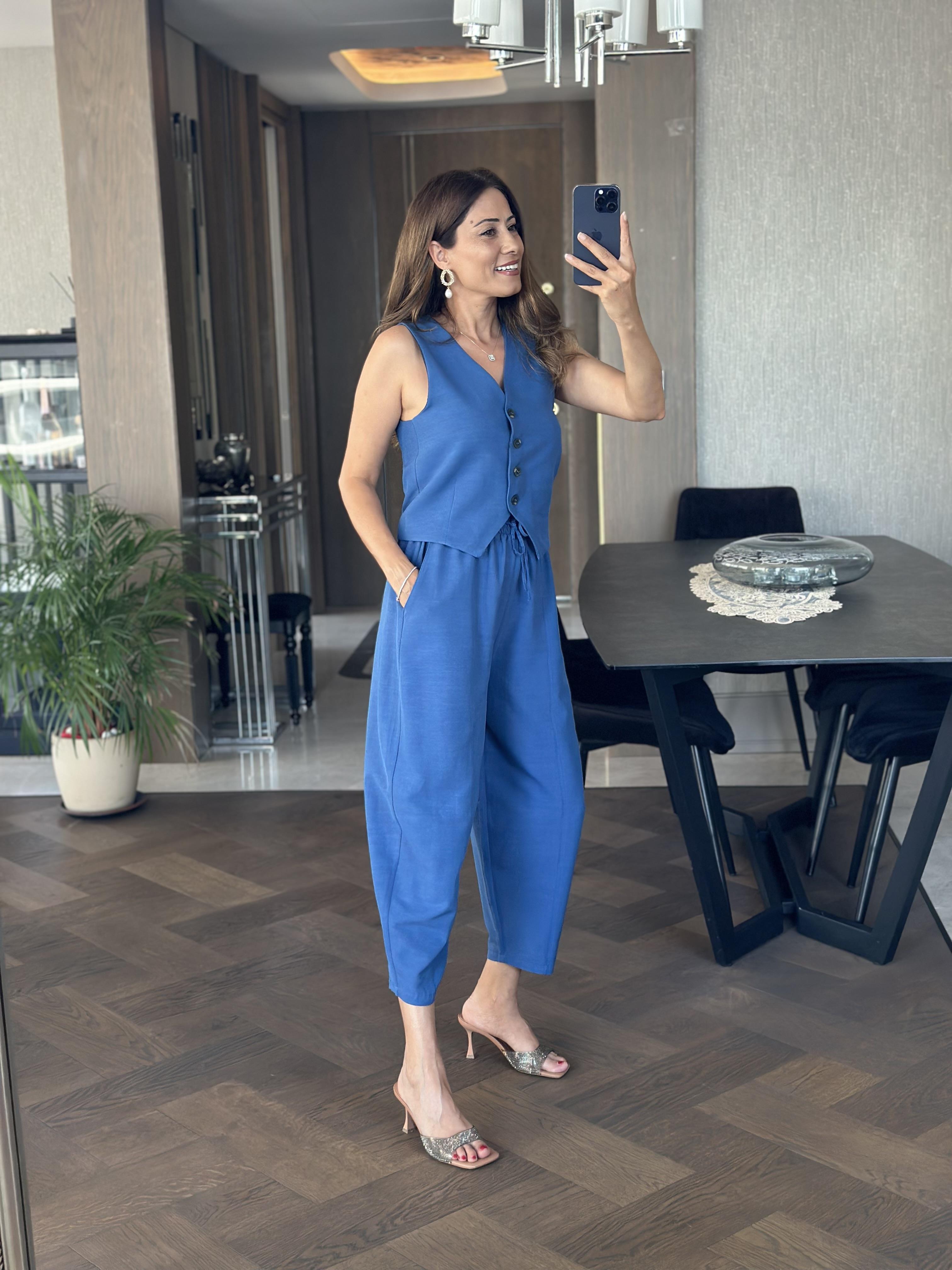 İndigo Keten Dört Düğmeli Yelek Balon Pantolon Kadın Alt Üst Takım