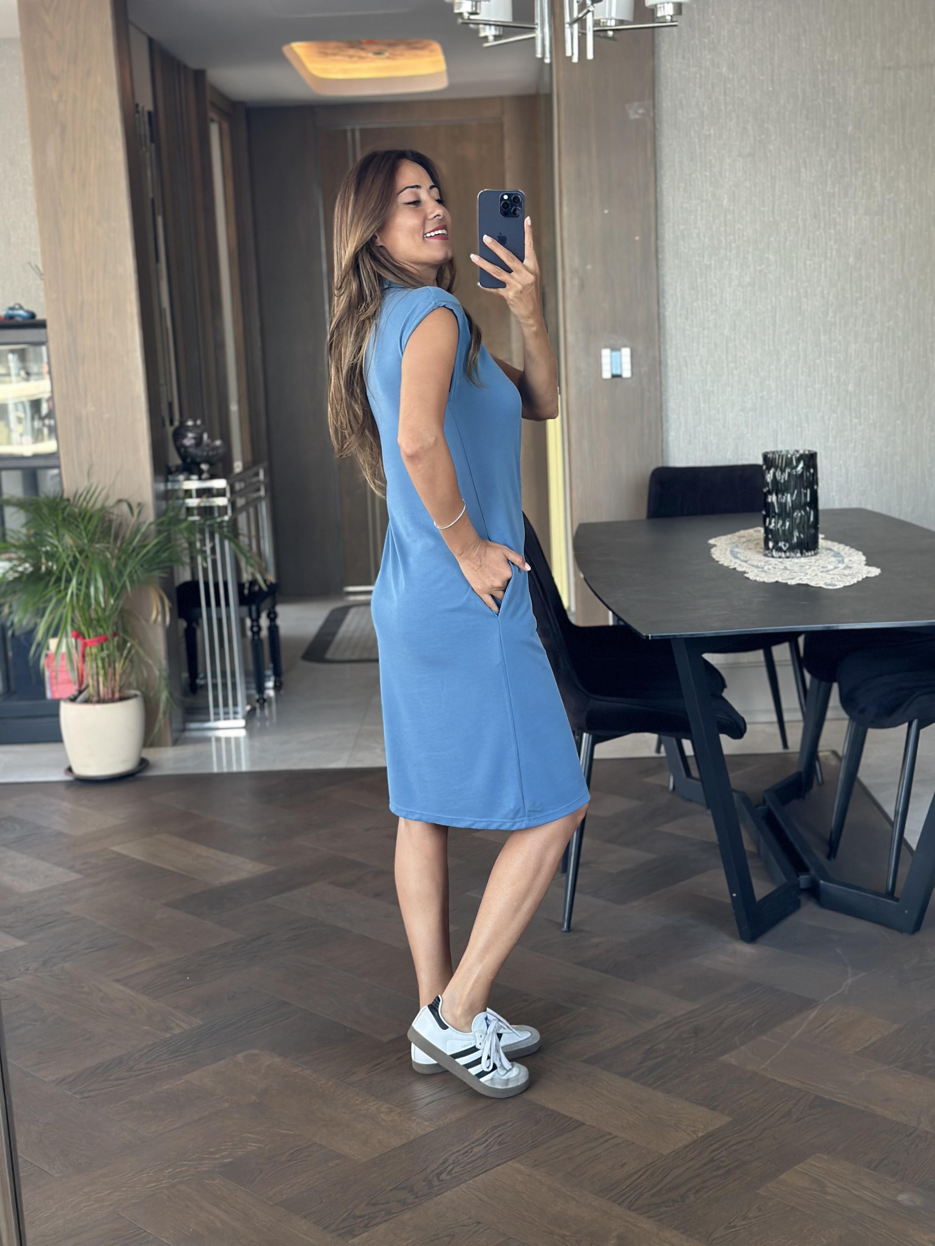 İndigo Polo Yaka Sıfır Kol Modal Midi Boy Kadın Elbise 