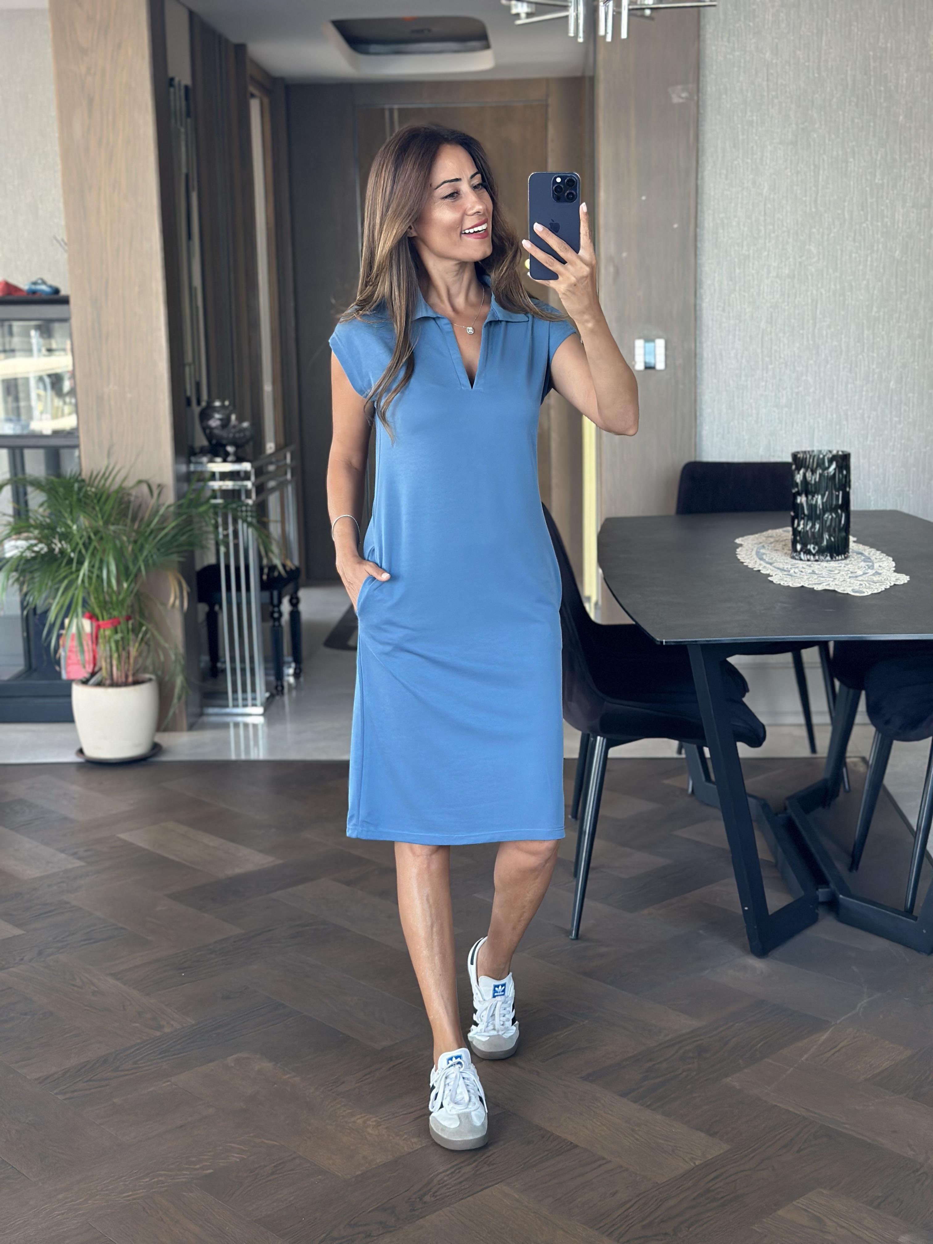 İndigo Polo Yaka Sıfır Kol Modal Midi Boy Kadın Elbise 
