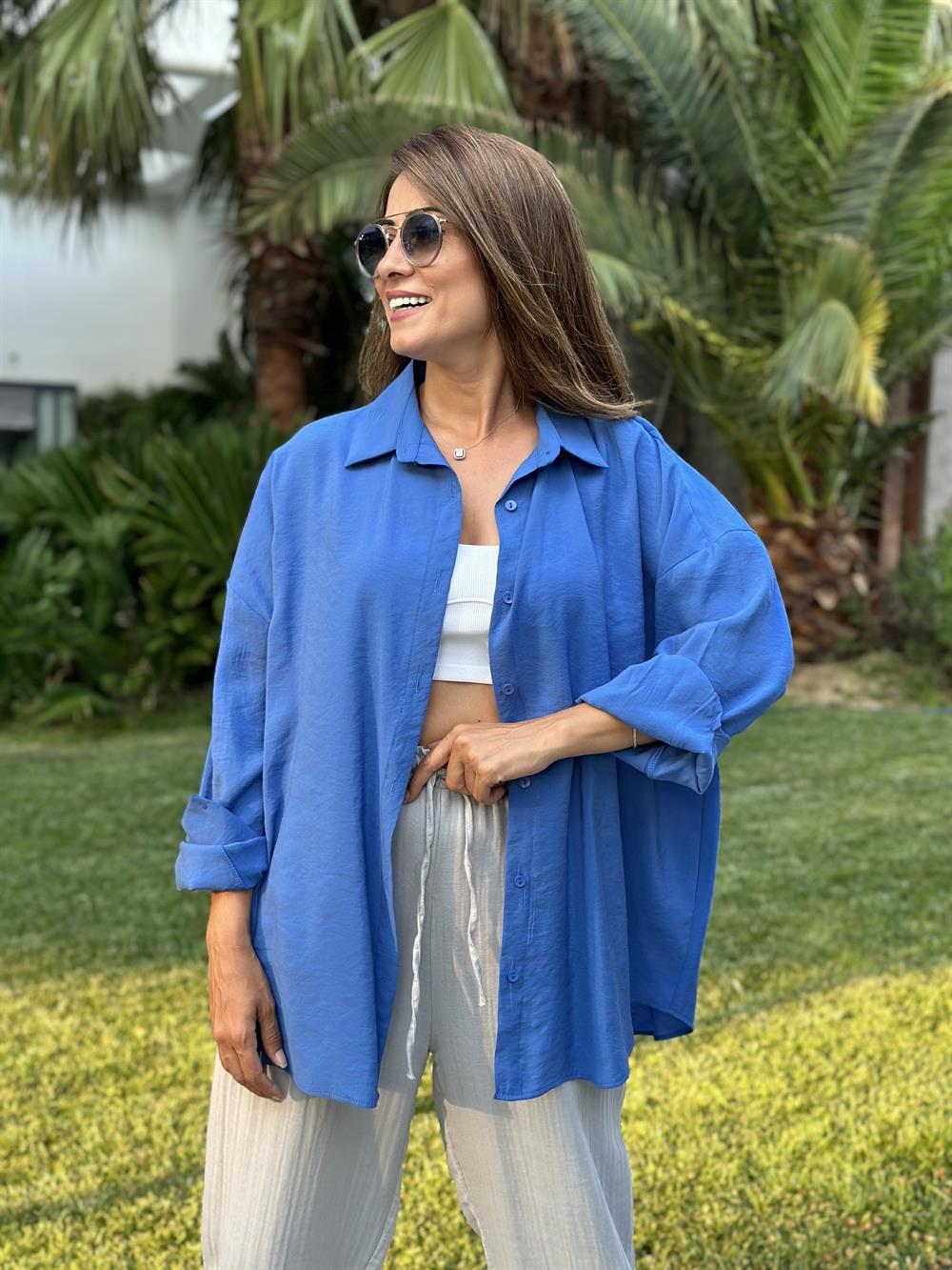 İndigo Tensel  Oversize Kadın Gömlek