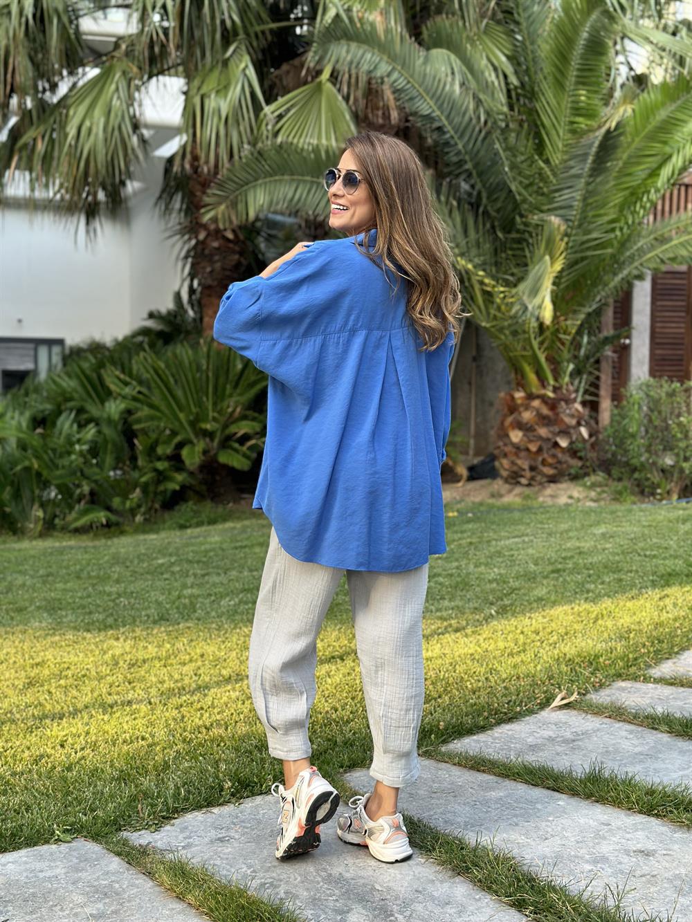 İndigo Tensel  Oversize Kadın Gömlek