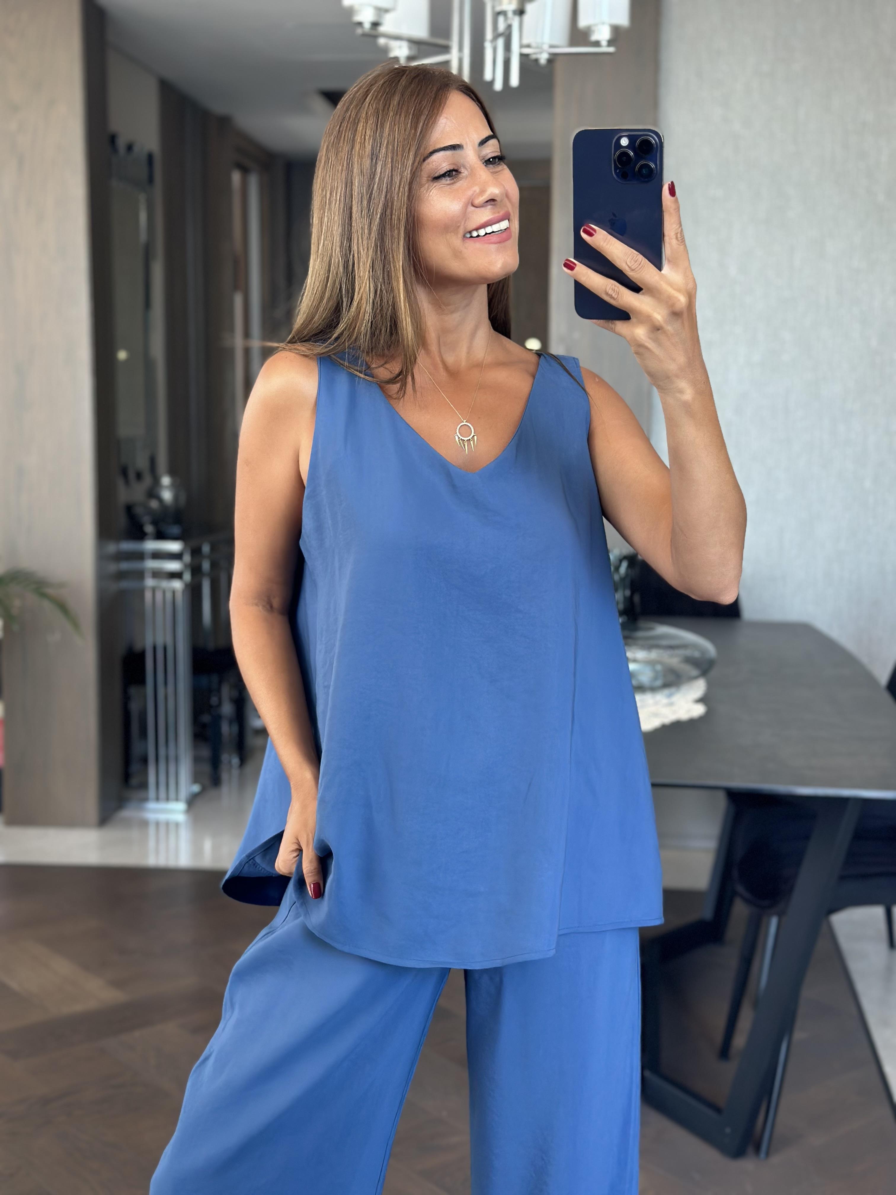 İndigo V Yaka Bluz Bol Paça Pantolon Kadın Alt Üst Takım