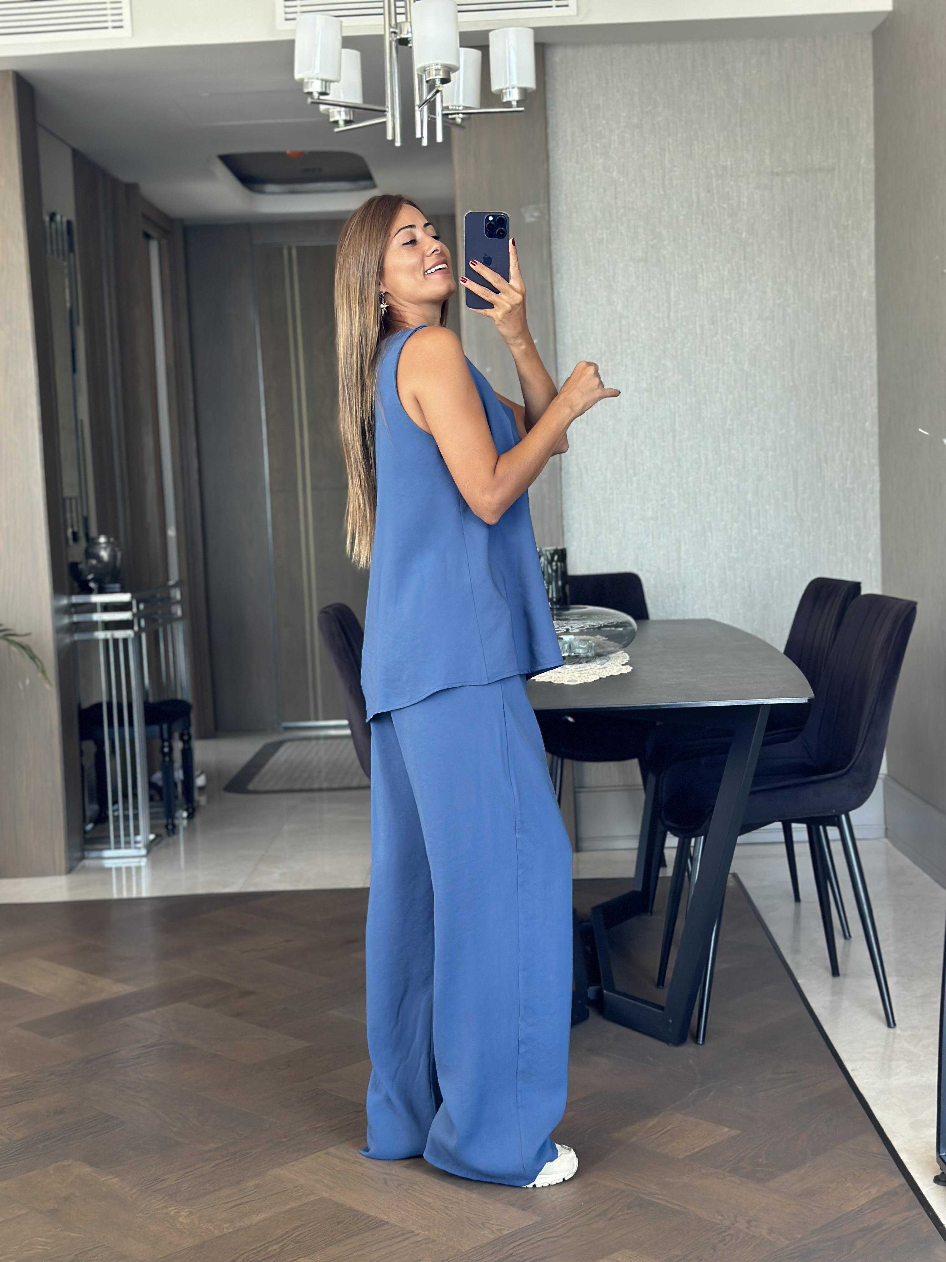 İndigo V Yaka Bluz Bol Paça Pantolon Kadın Alt Üst Takım