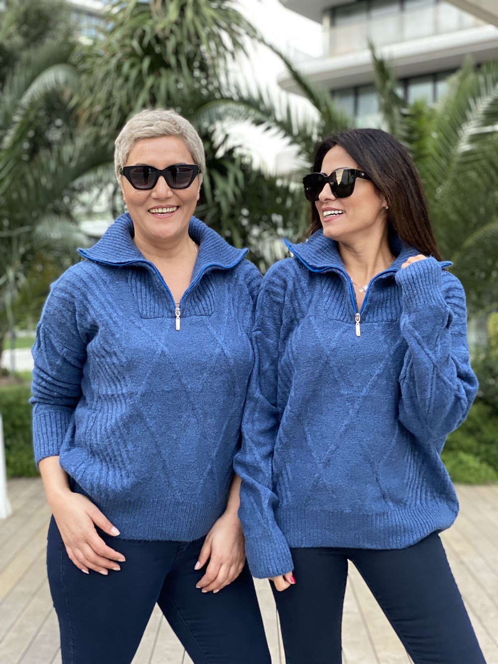 İndigo Yarım Fermuarlı Dokulu Triko Kadın Kazak